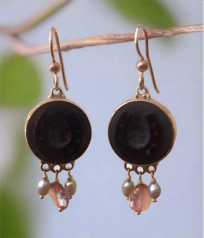 Antique Button Earrings, Black Horseshoes with Rose Quartz and Pearl Drops