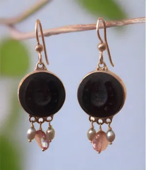 Antique Button Earrings, Black Horseshoes with Rose Quartz and Pearl Drops