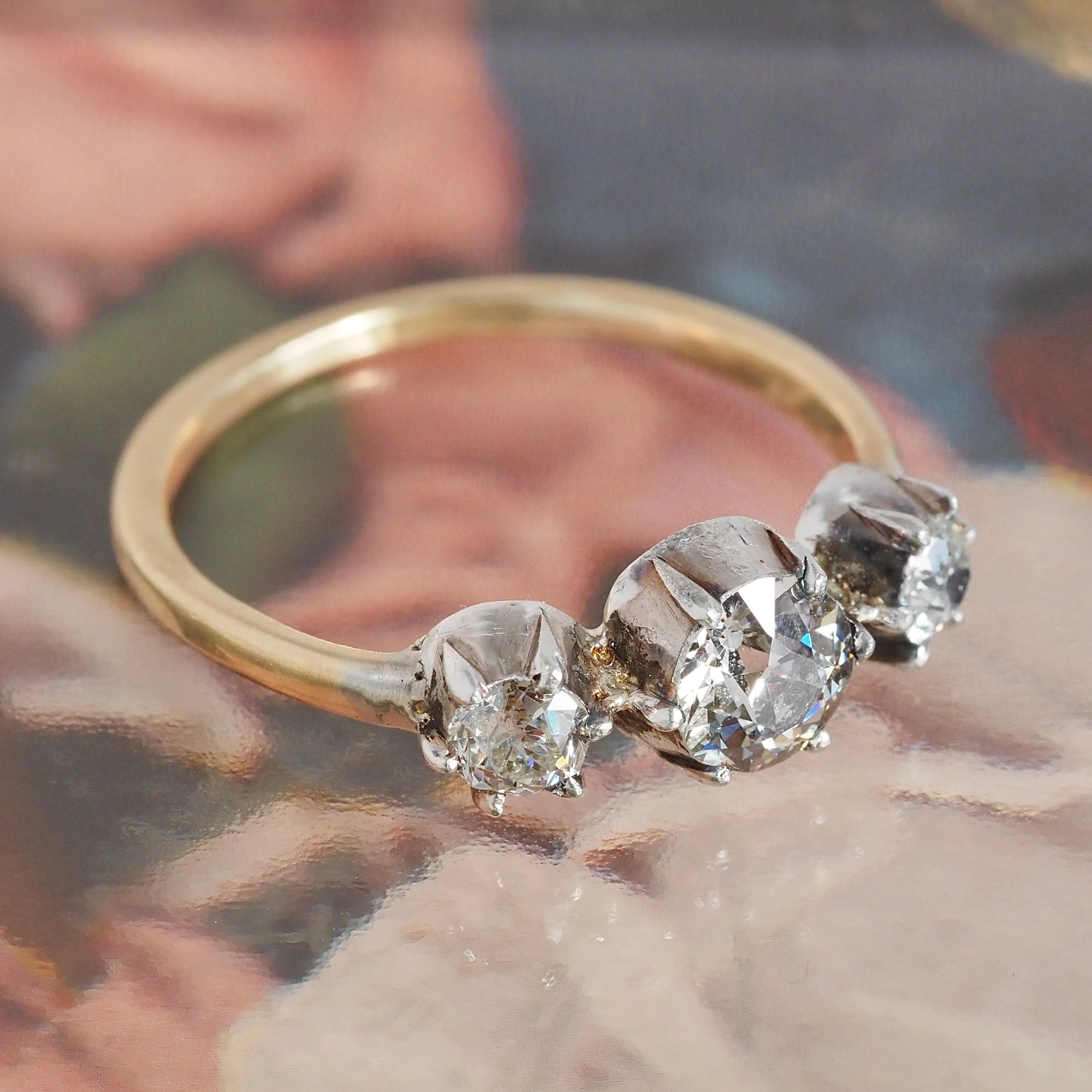 Antique Old European Cut Diamond Trilogy 18k Gold Sterling Silver Ring