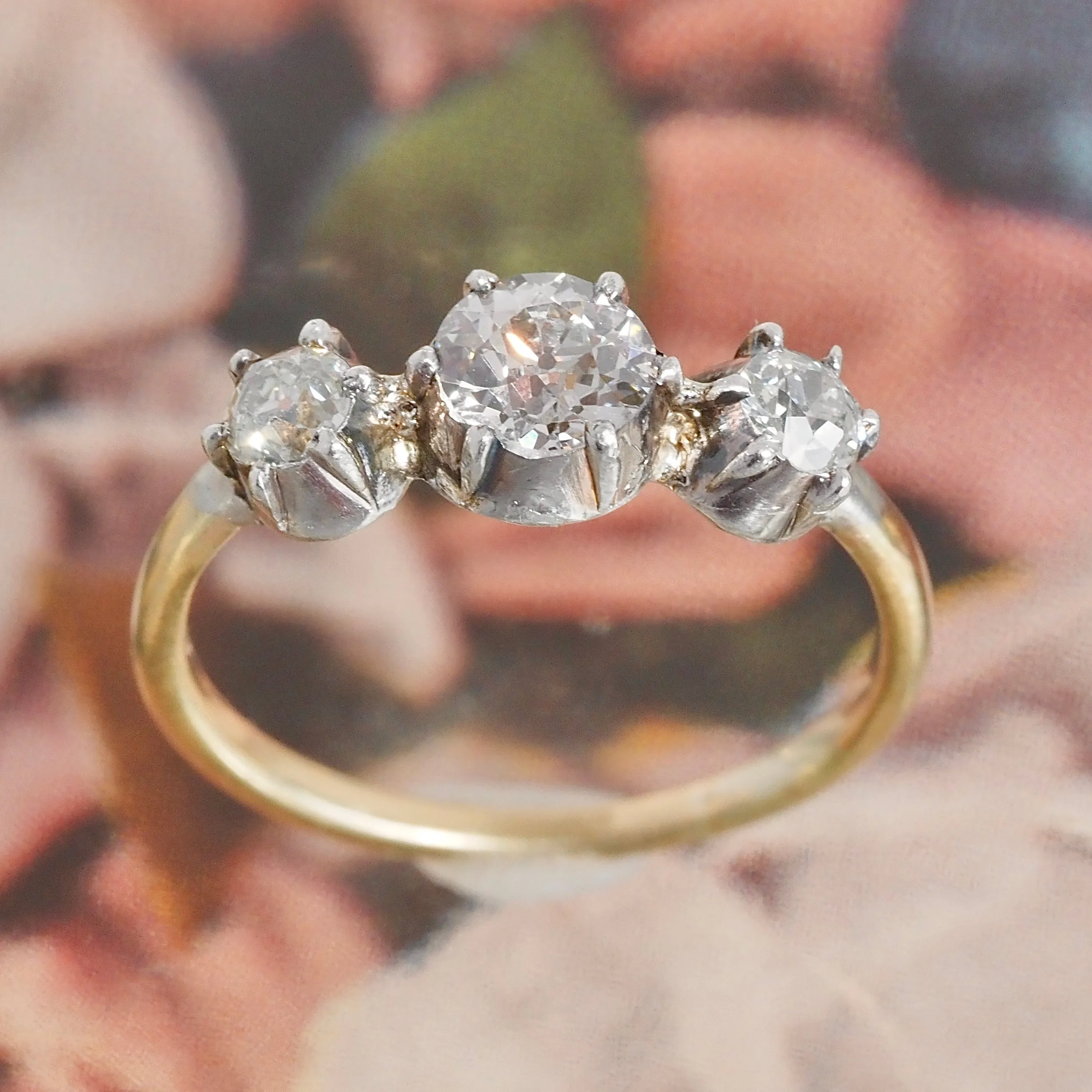 Antique Old European Cut Diamond Trilogy 18k Gold Sterling Silver Ring