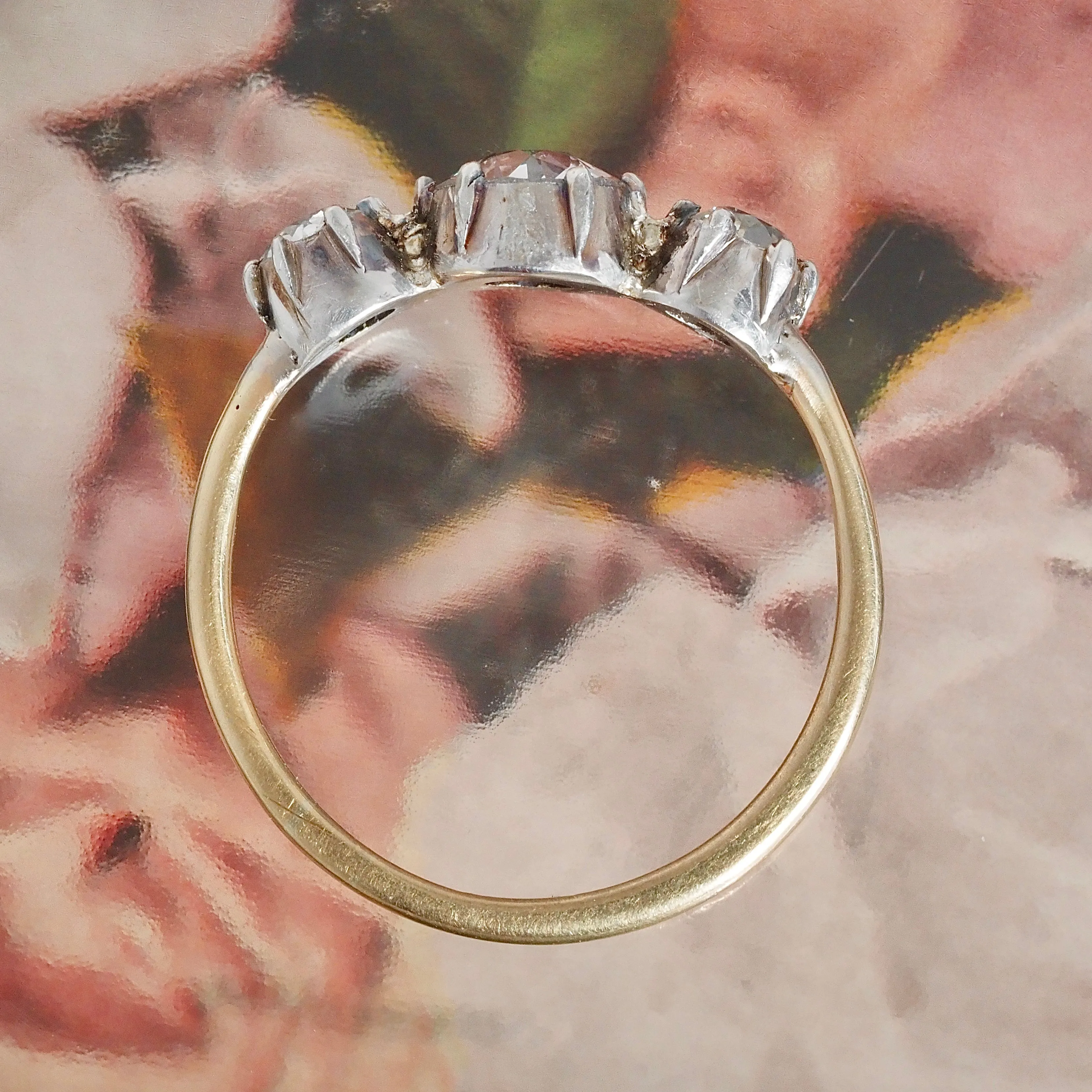 Antique Old European Cut Diamond Trilogy 18k Gold Sterling Silver Ring