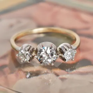 Antique Old European Cut Diamond Trilogy 18k Gold Sterling Silver Ring