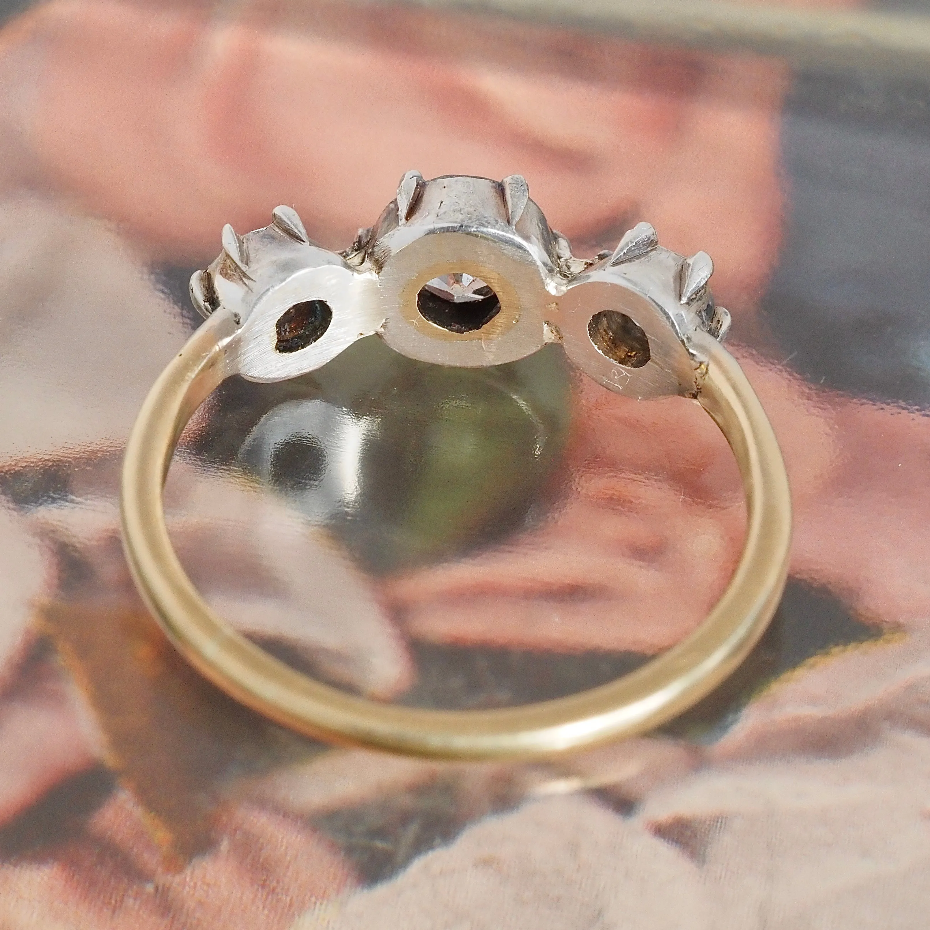 Antique Old European Cut Diamond Trilogy 18k Gold Sterling Silver Ring