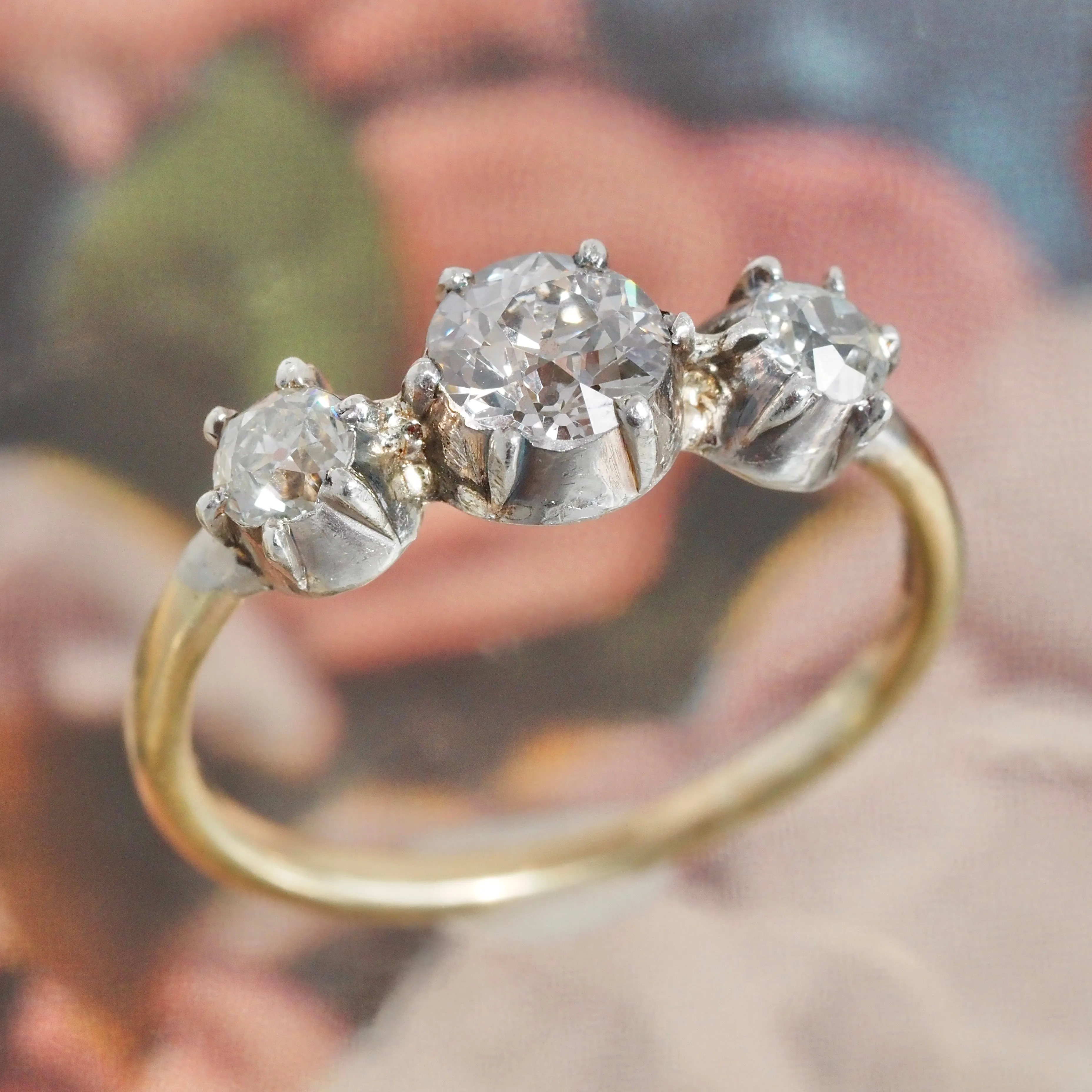 Antique Old European Cut Diamond Trilogy 18k Gold Sterling Silver Ring