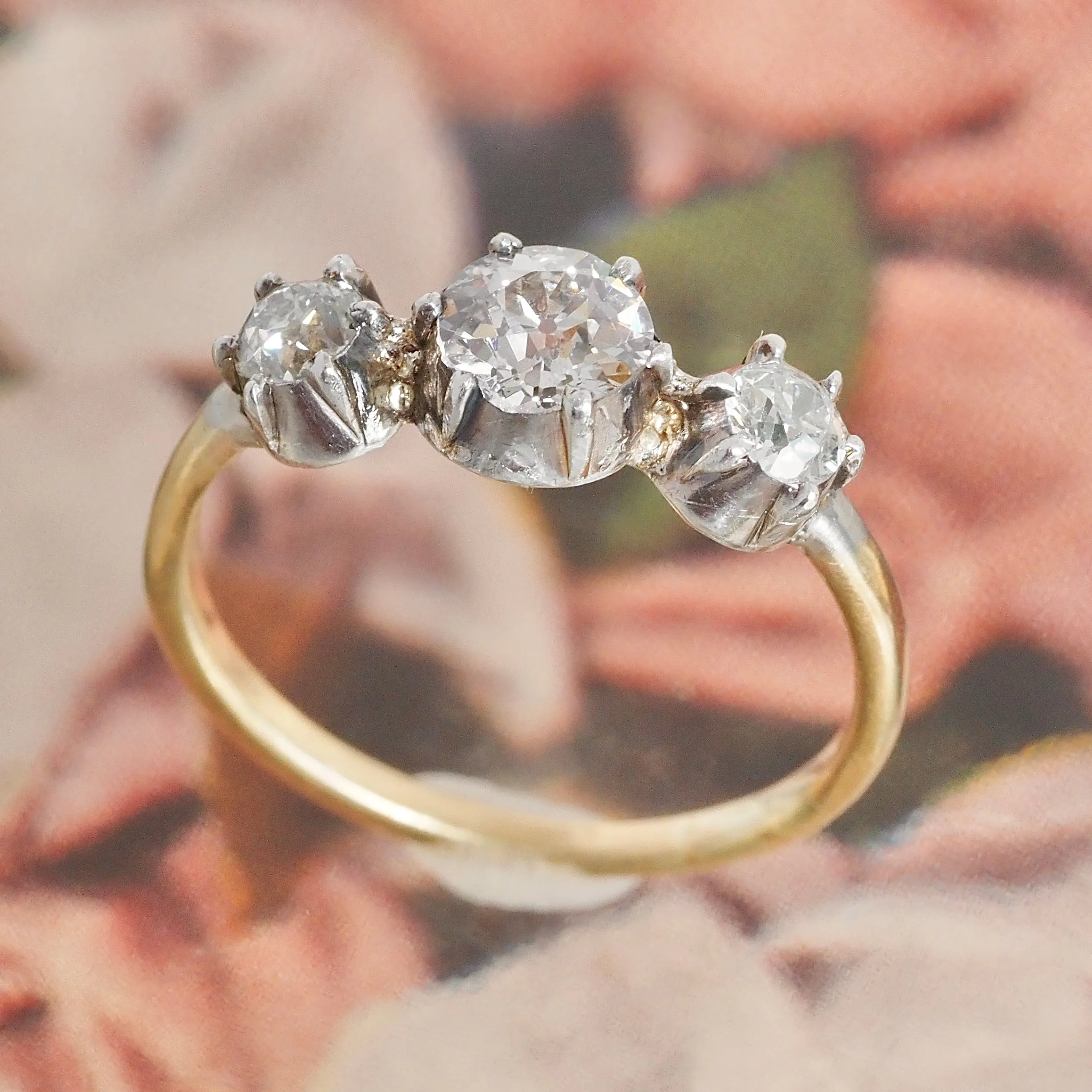 Antique Old European Cut Diamond Trilogy 18k Gold Sterling Silver Ring
