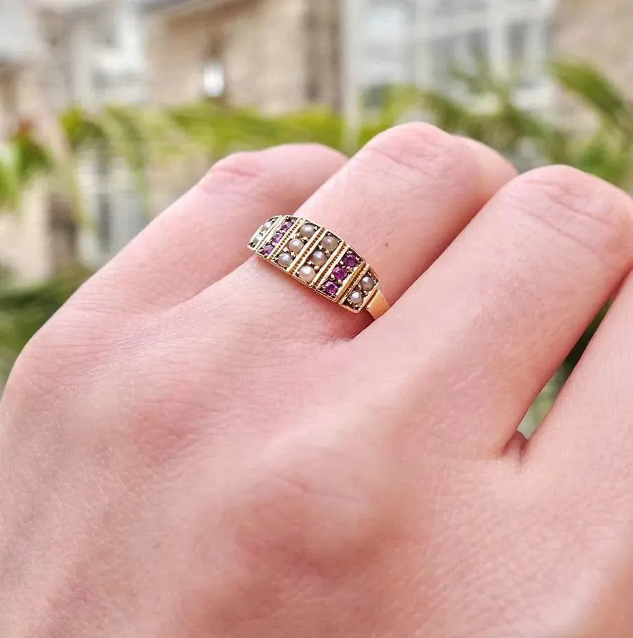 Antique Victorian 1881 Ruby Pearl 15ct Gold Ring