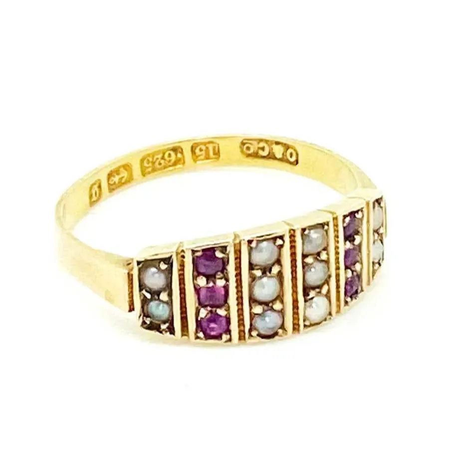 Antique Victorian 1881 Ruby Pearl 15ct Gold Ring