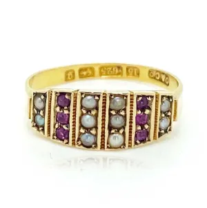 Antique Victorian 1881 Ruby Pearl 15ct Gold Ring