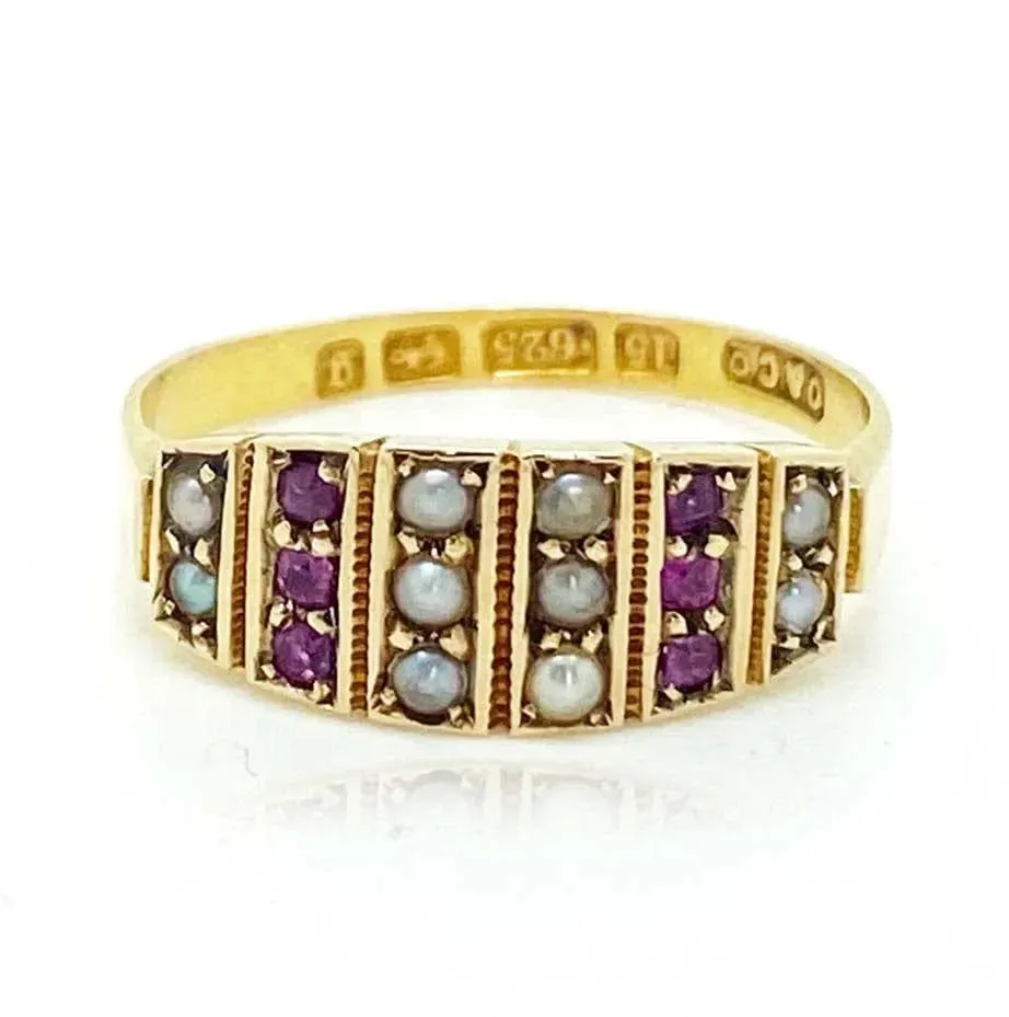 Antique Victorian 1881 Ruby Pearl 15ct Gold Ring