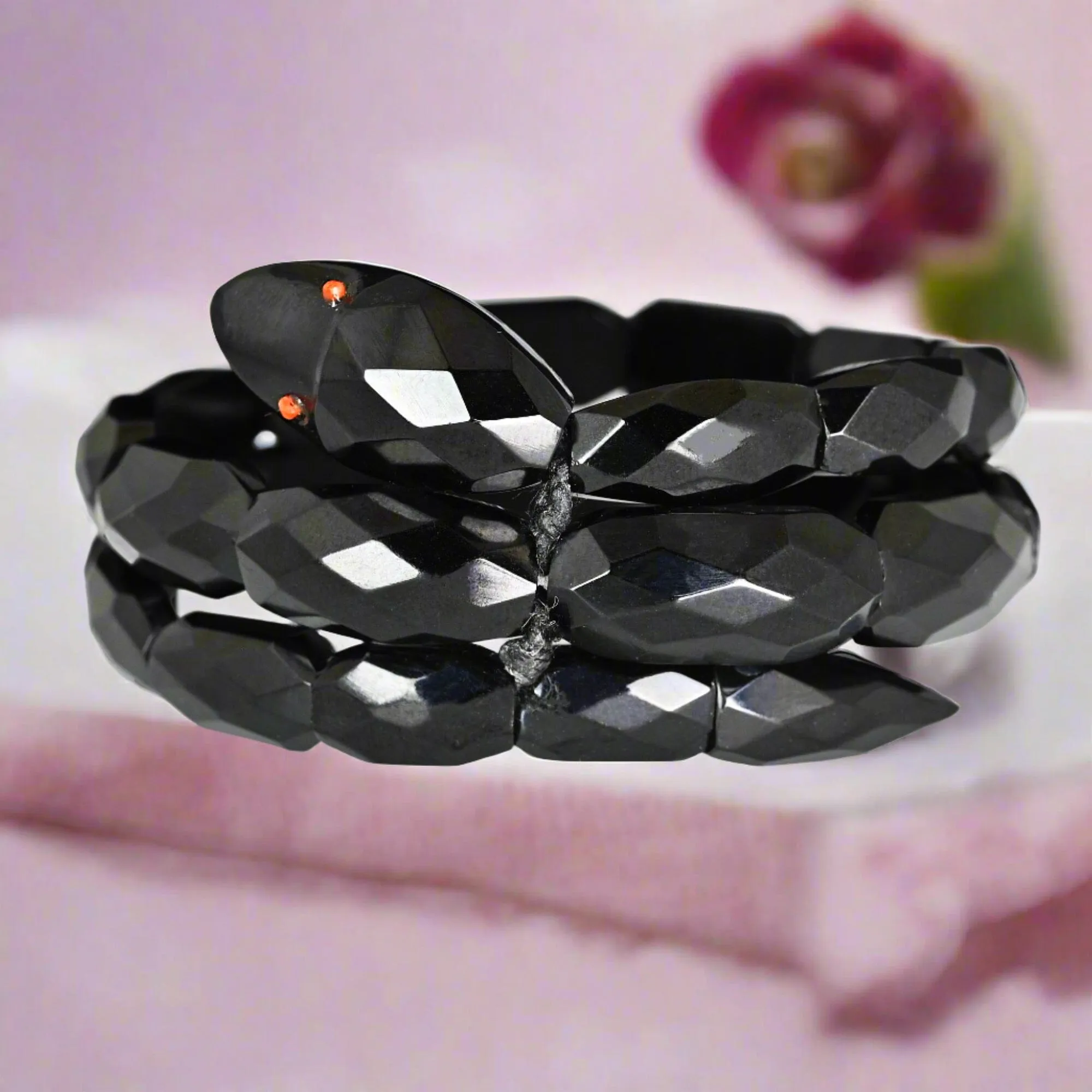 Antique Victorian Coral Eyed Whitby Jet Snake Bracelet