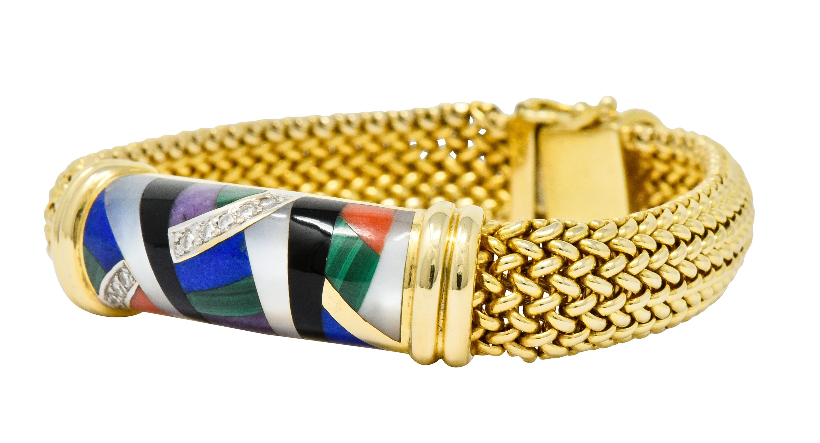Asch Grossbardt Vintage Diamond Gemstone Inlay 14 Karat Gold Mesh Bracelet