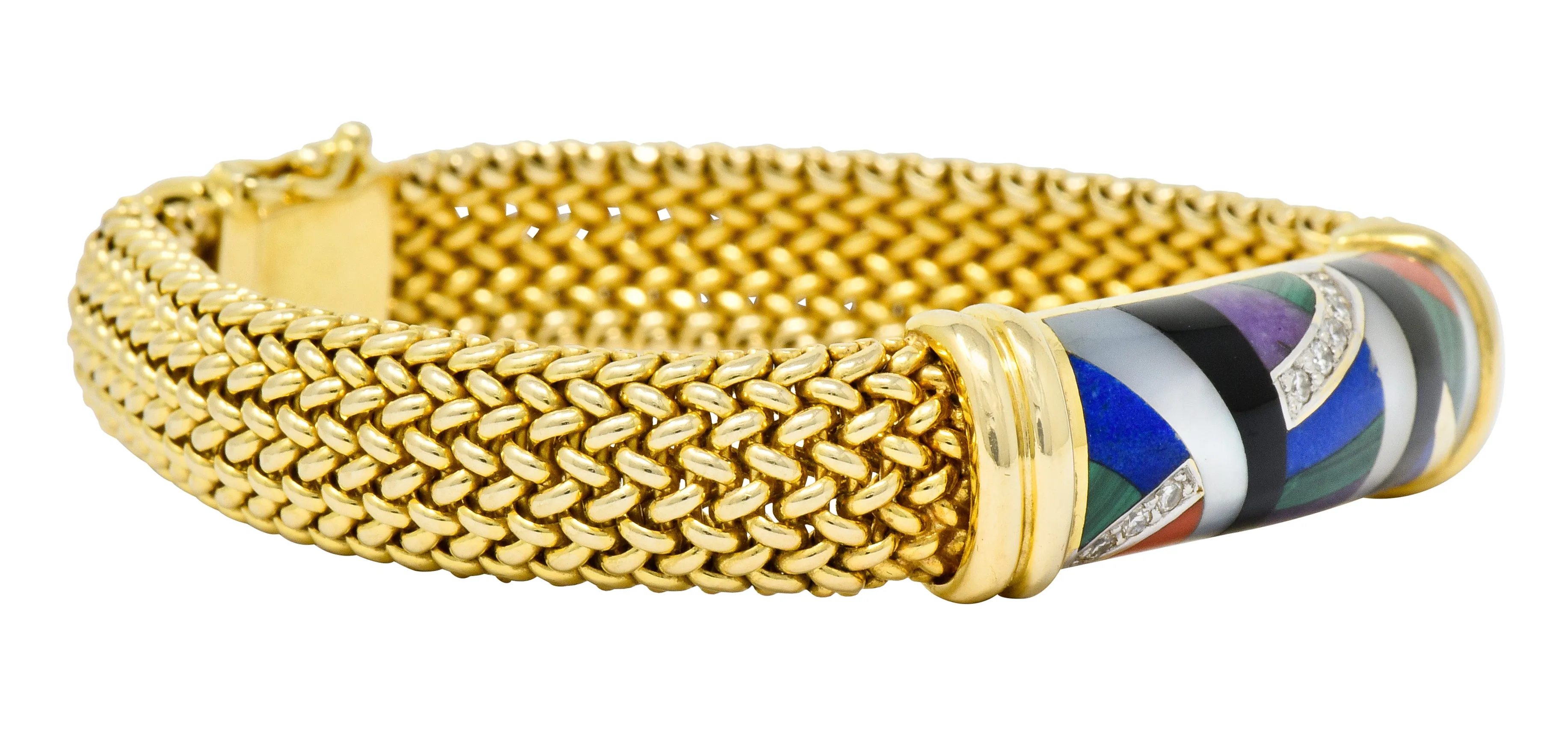 Asch Grossbardt Vintage Diamond Gemstone Inlay 14 Karat Gold Mesh Bracelet
