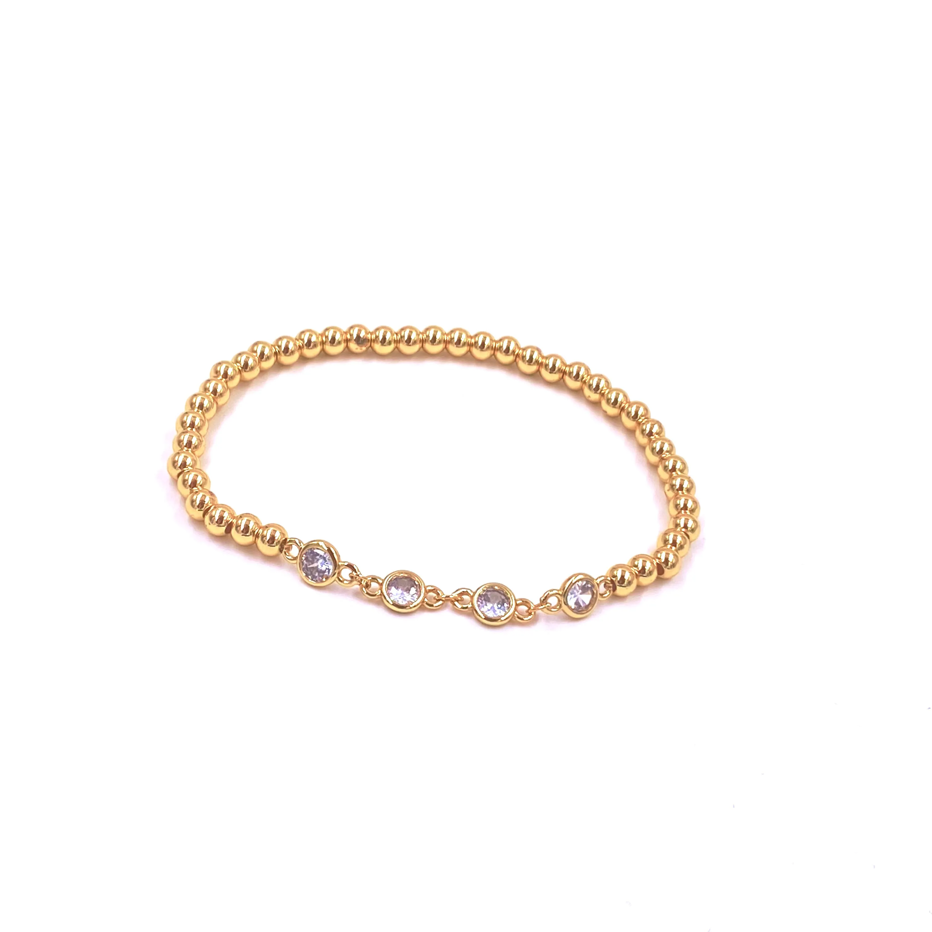 Ashley Gold Stainless Steel Gold Plated CZ Design Beaded Ball Stretch Bracelet