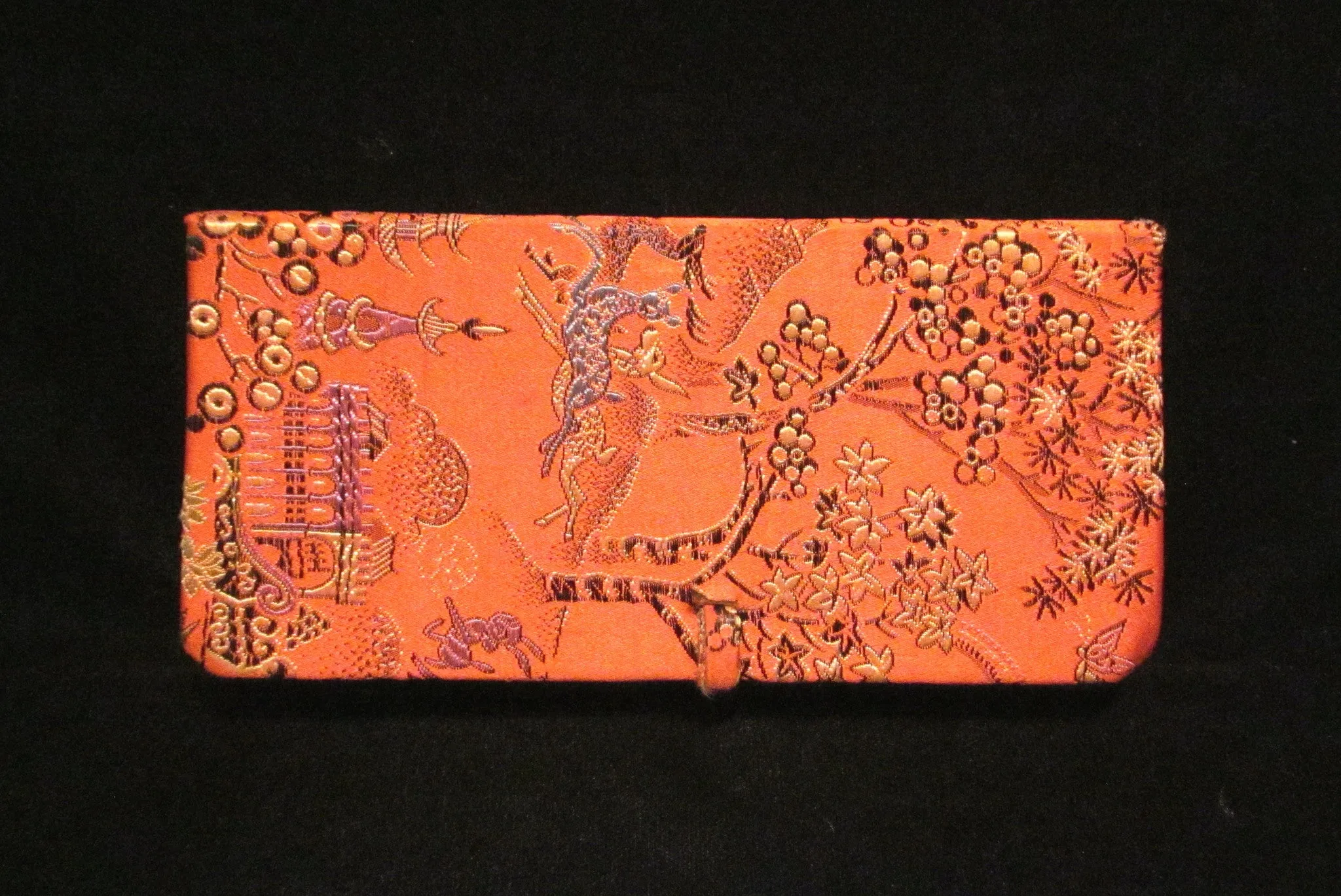 Asian Enamel Comb And Mirror Set With Silk Case Bird Motif