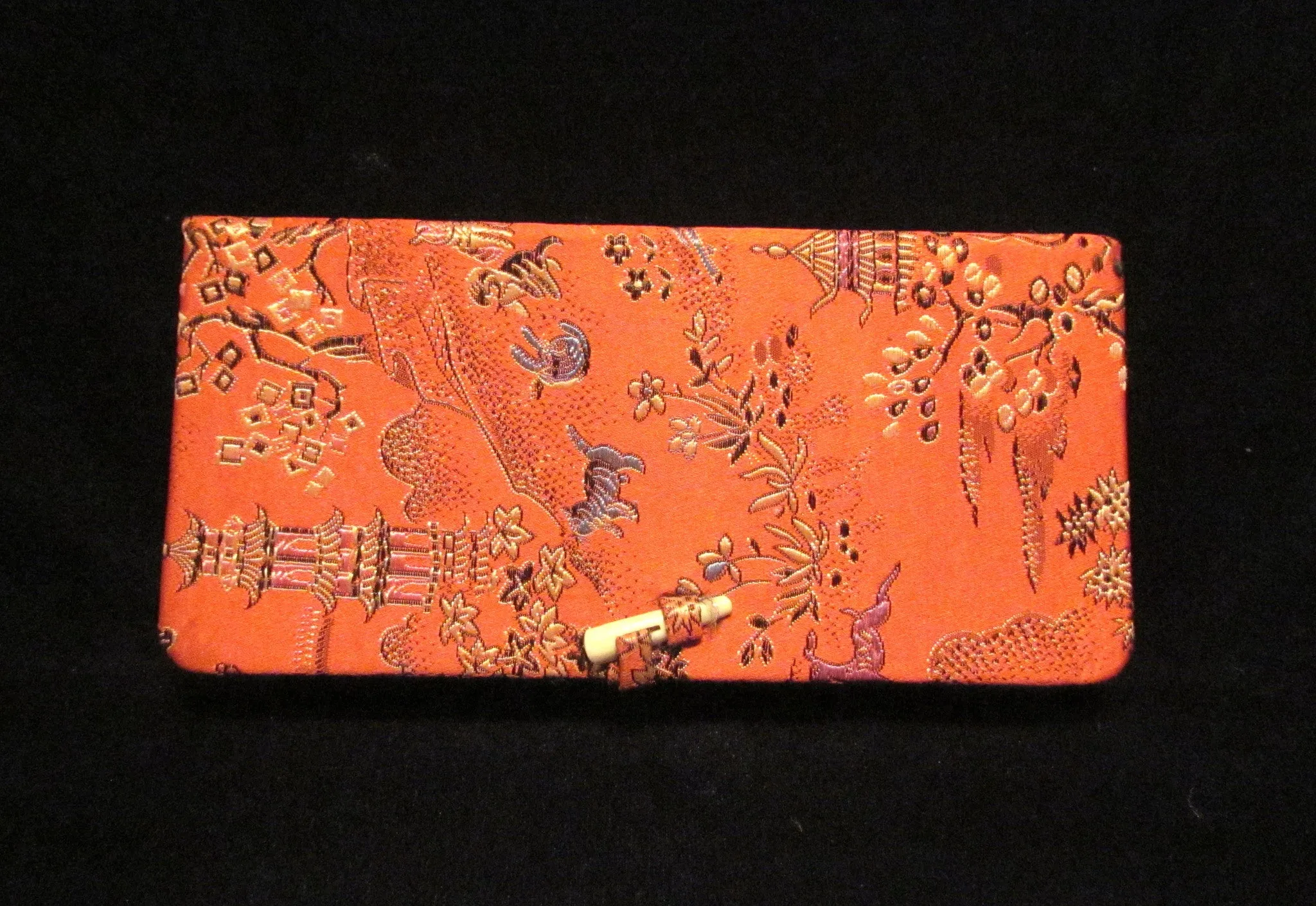 Asian Enamel Comb And Mirror Set With Silk Case Bird Motif