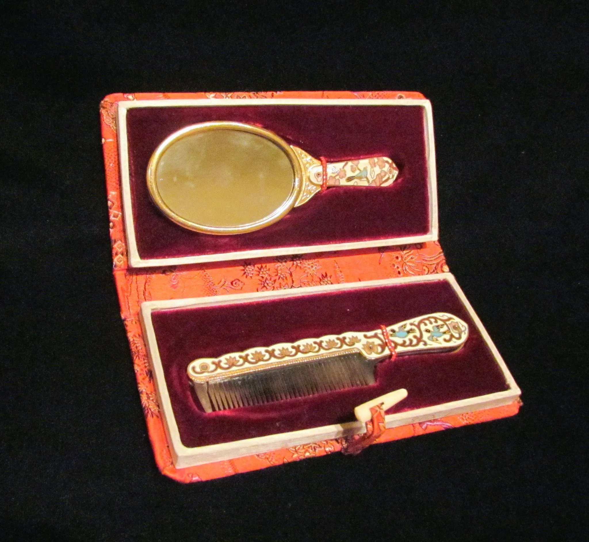Asian Enamel Comb And Mirror Set With Silk Case Bird Motif