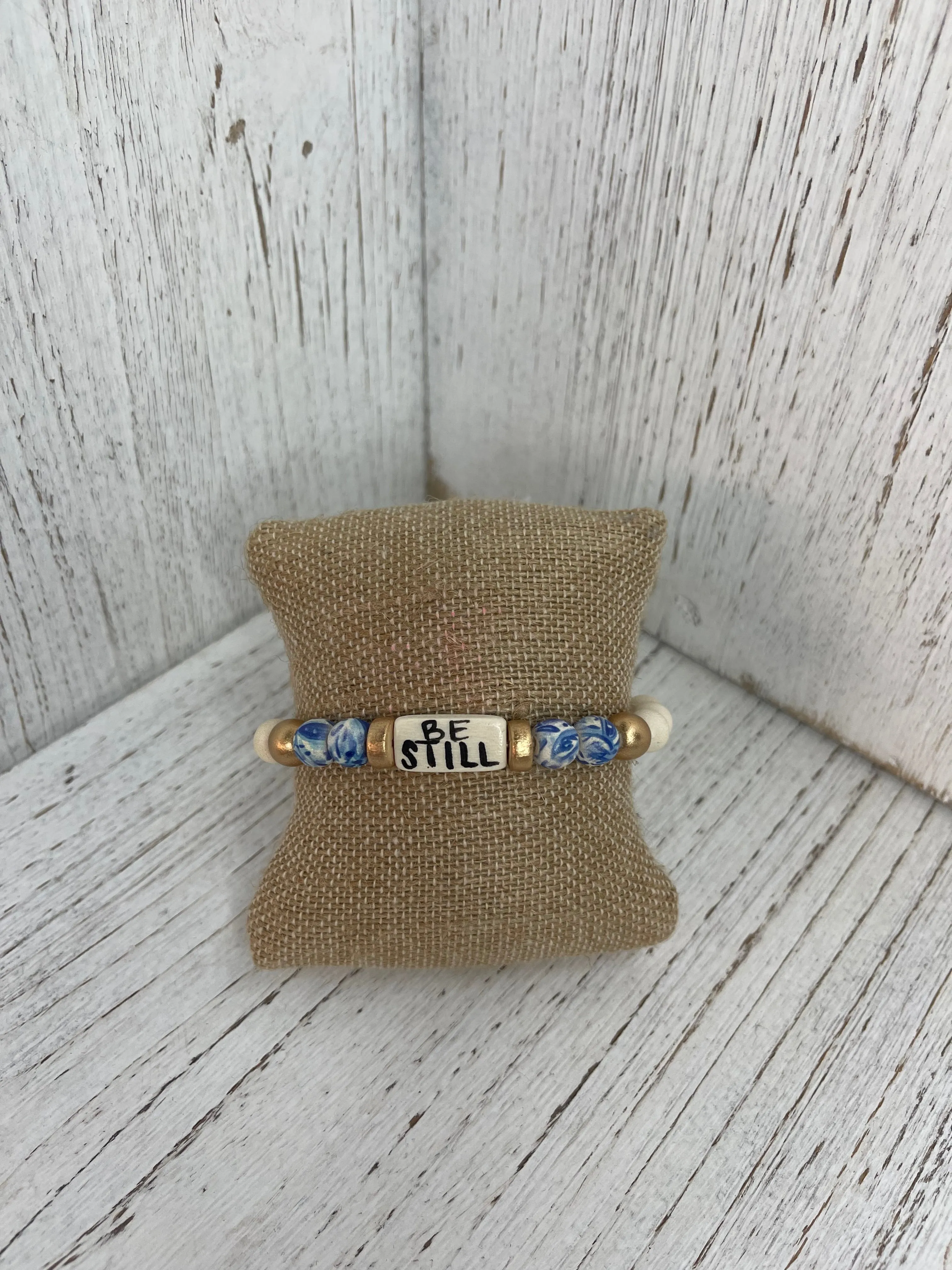 Audra Style Floral Affirmation Word Beaded Bracelet in Blue & White