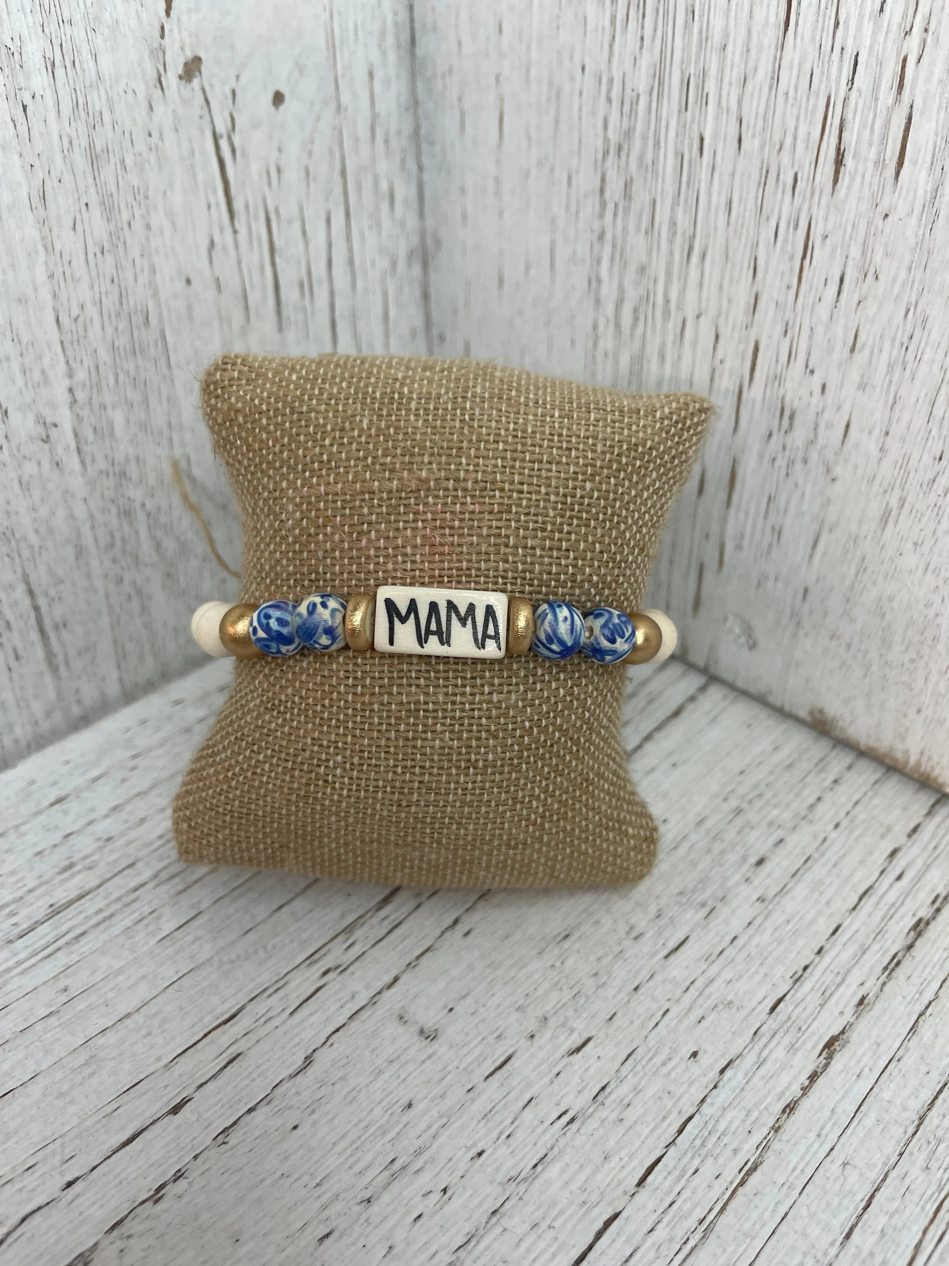 Audra Style Floral Affirmation Word Beaded Bracelet in Blue & White
