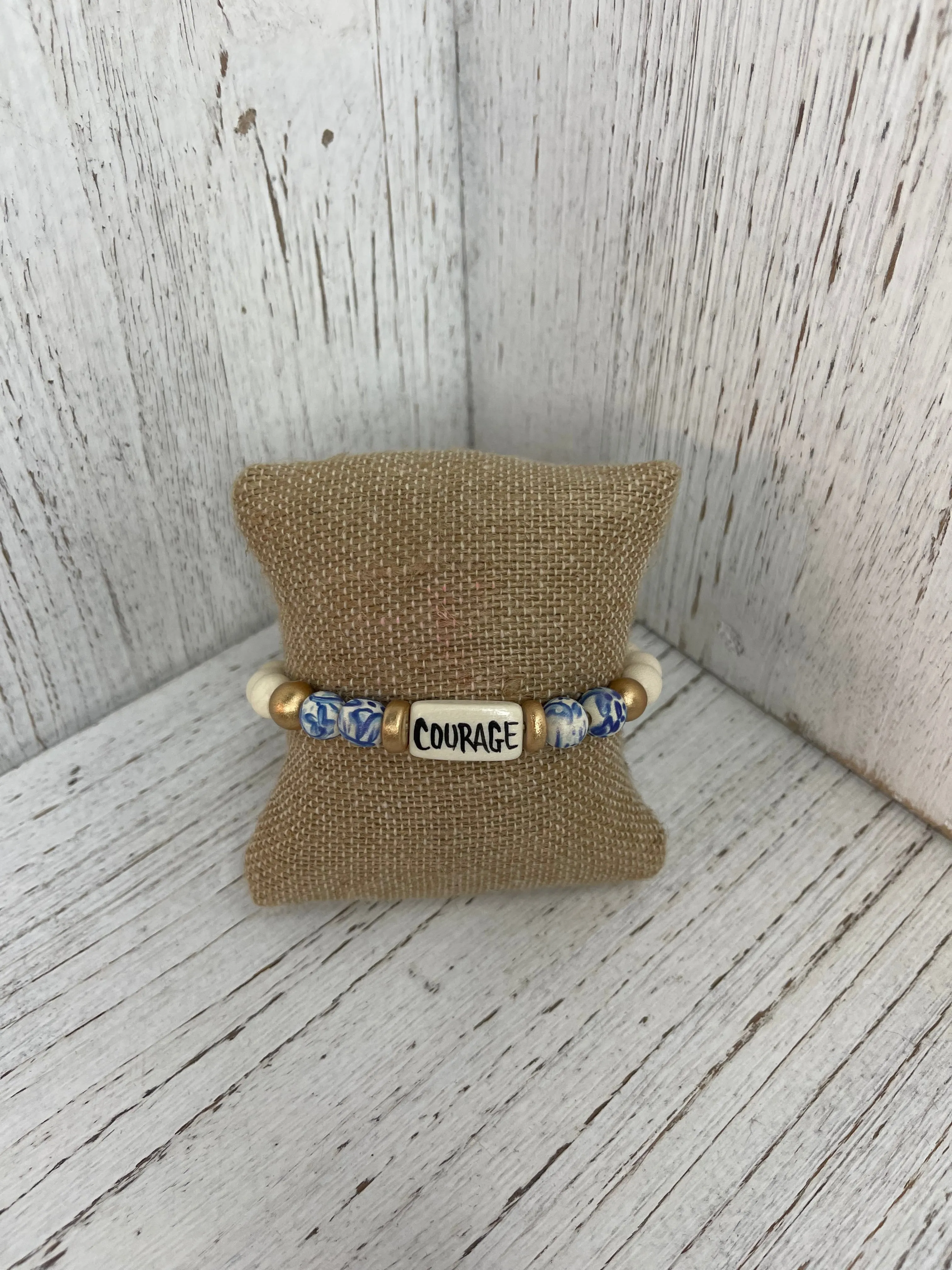 Audra Style Floral Affirmation Word Beaded Bracelet in Blue & White