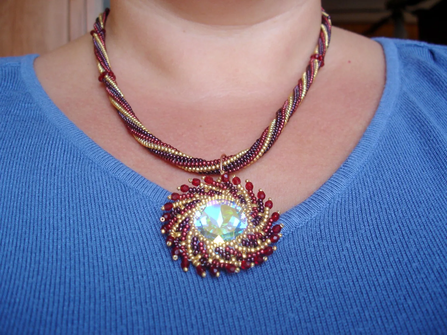 Beaded necklace. Statement jewelry. Beaded bib necklace with crystal beaded pendant. Seed bead necklace