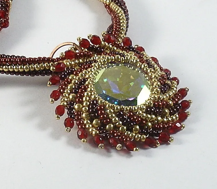 Beaded necklace. Statement jewelry. Beaded bib necklace with crystal beaded pendant. Seed bead necklace