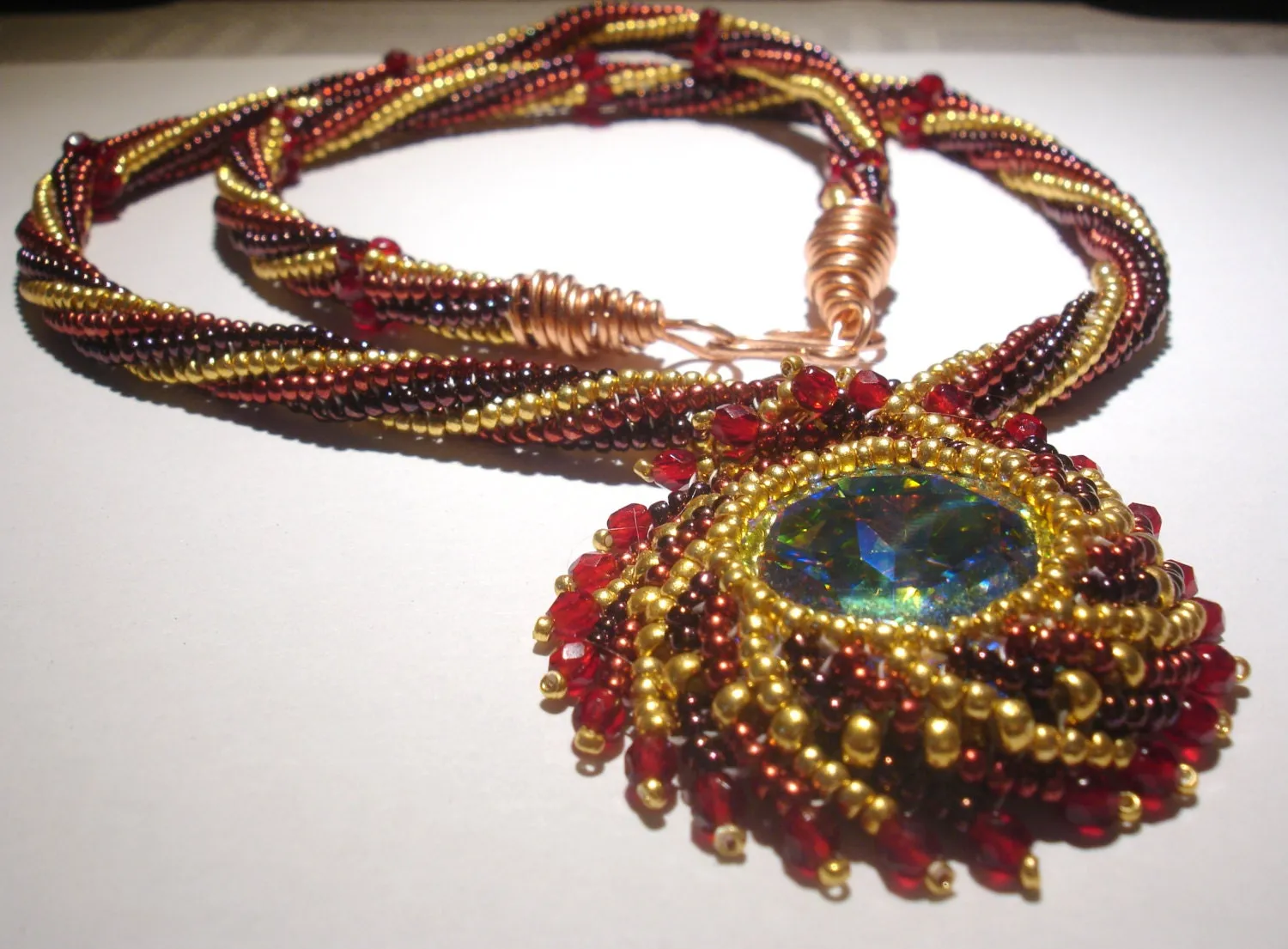 Beaded necklace. Statement jewelry. Beaded bib necklace with crystal beaded pendant. Seed bead necklace