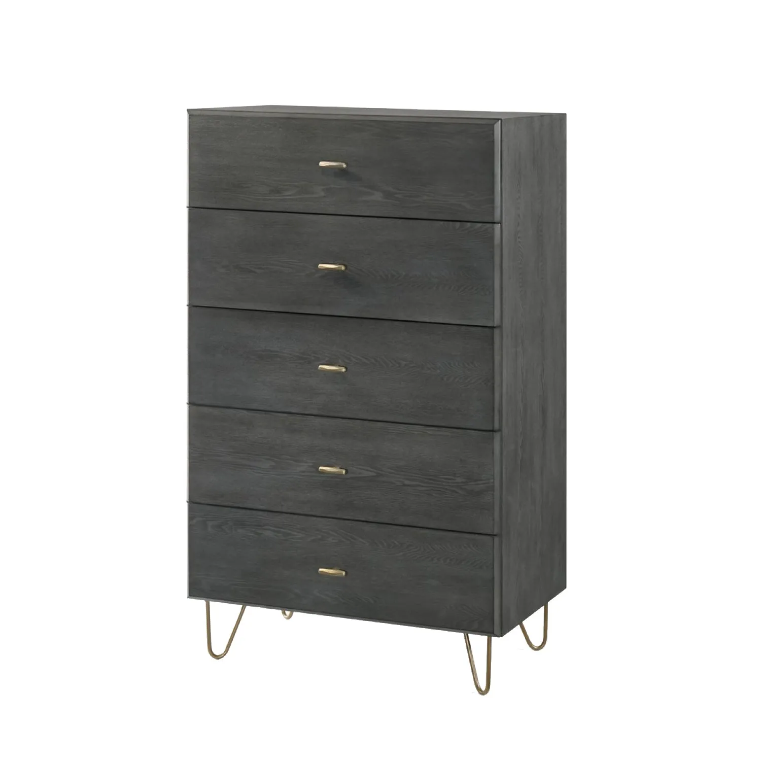 Benzara 5 Drawer Wooden Chest with Metal Hairpin Legs, Gray and Gold