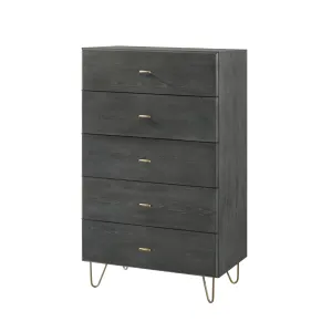 Benzara 5 Drawer Wooden Chest with Metal Hairpin Legs, Gray and Gold