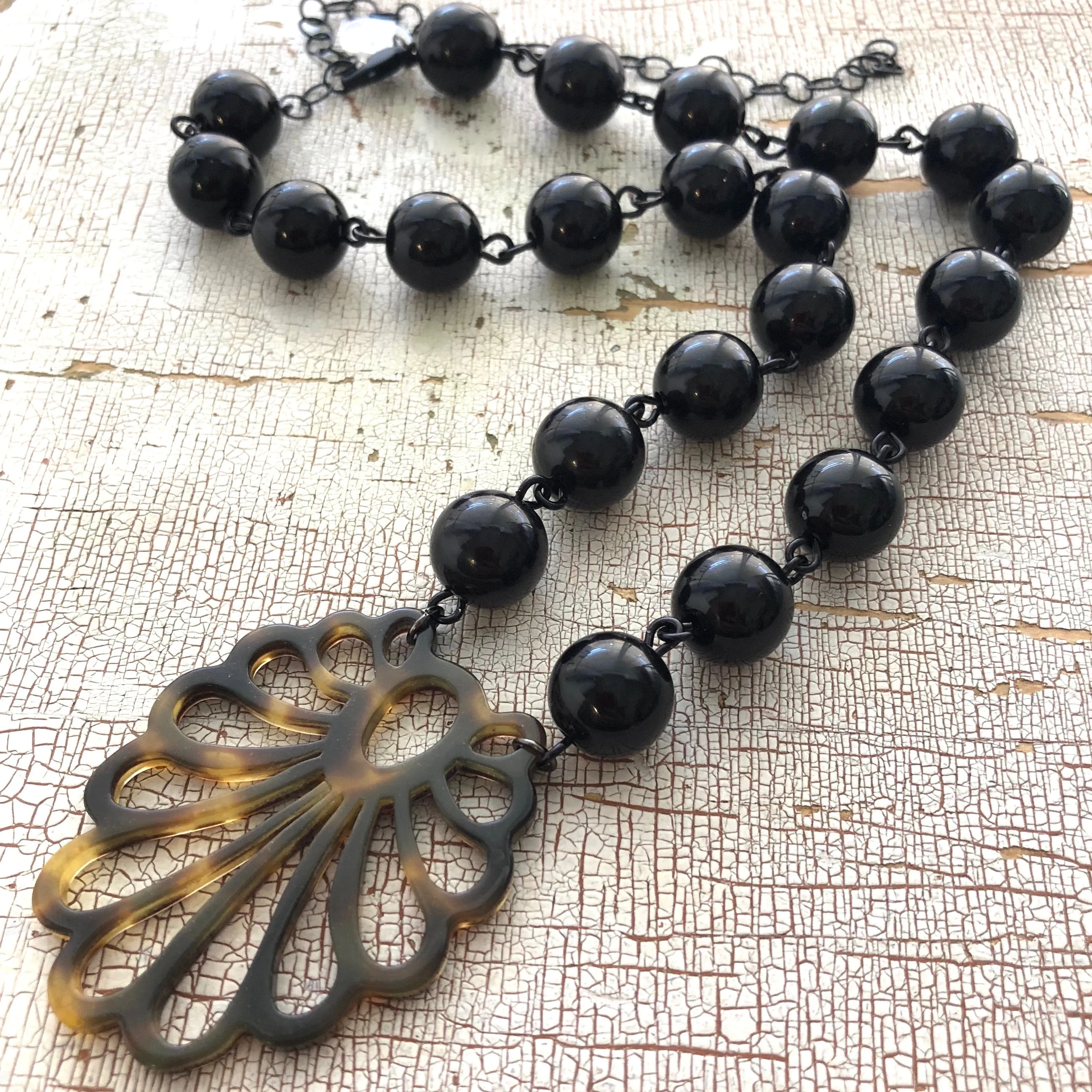 Black & Tortoise Art Deco Peacock Feather Beaded Aleta Necklace