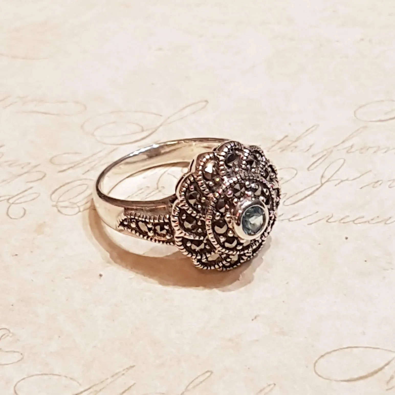 Blue Topaz silver Marcasite Swirl ring
