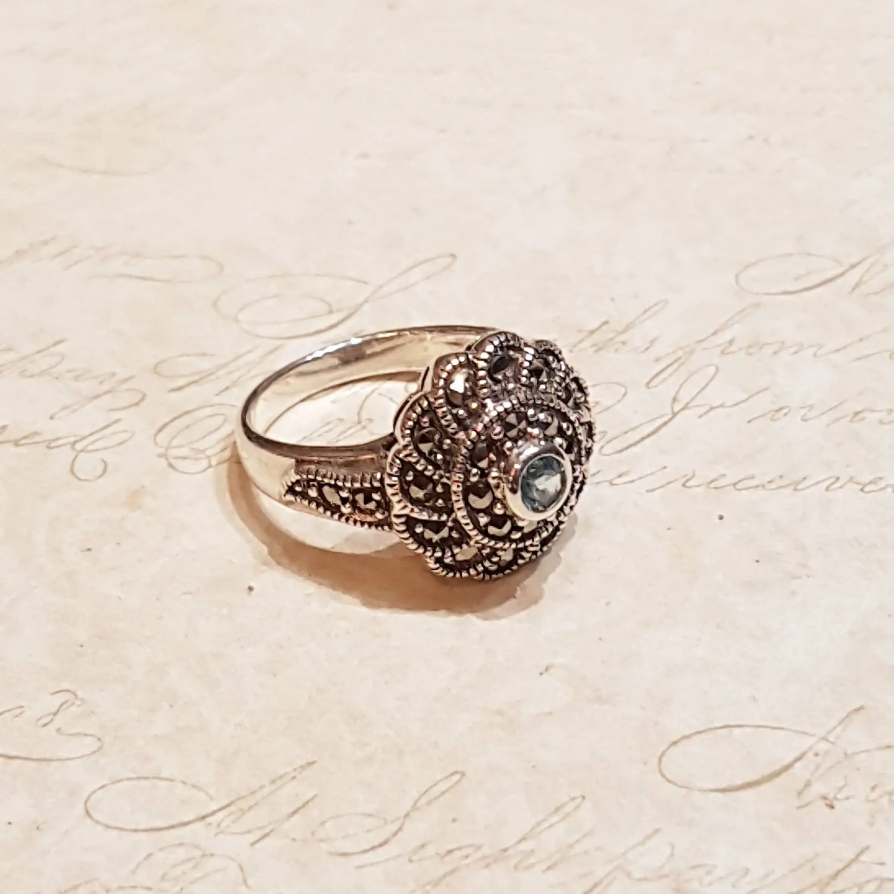 Blue Topaz silver Marcasite Swirl ring