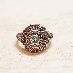 Blue Topaz silver Marcasite Swirl ring
