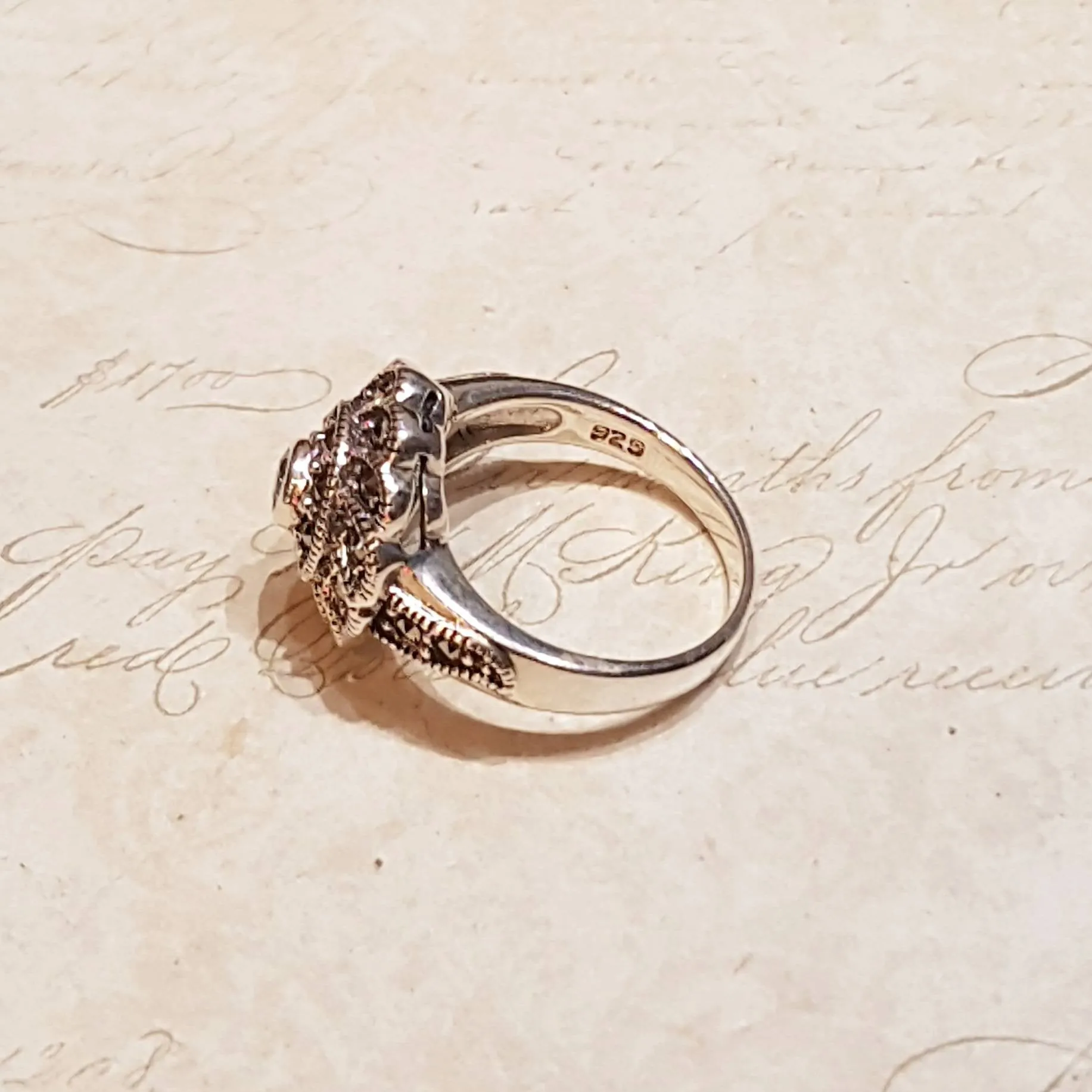 Blue Topaz silver Marcasite Swirl ring