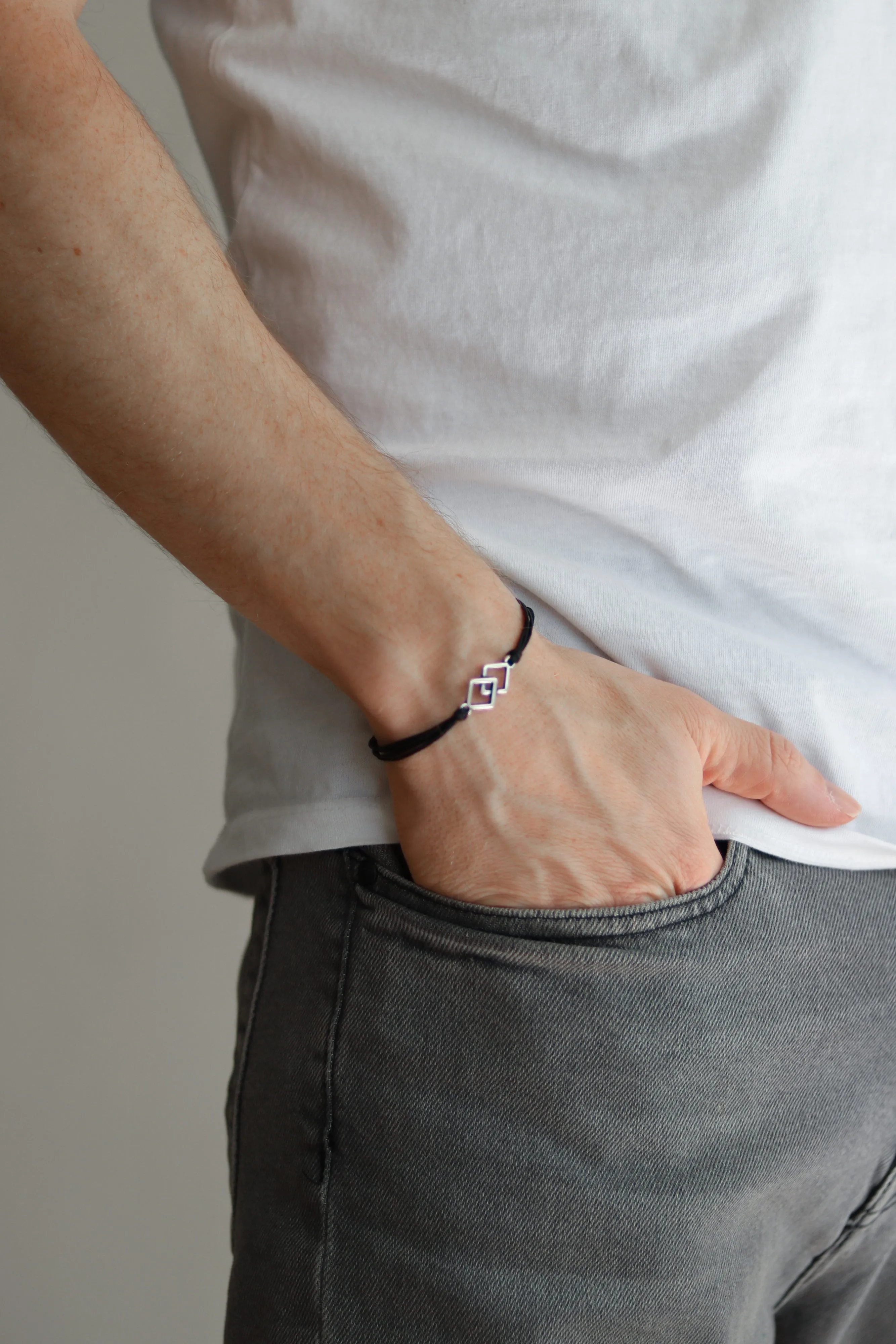 Bracelet for men, silver double rhombus bracelet for him, black cord, handmade fathers day gift