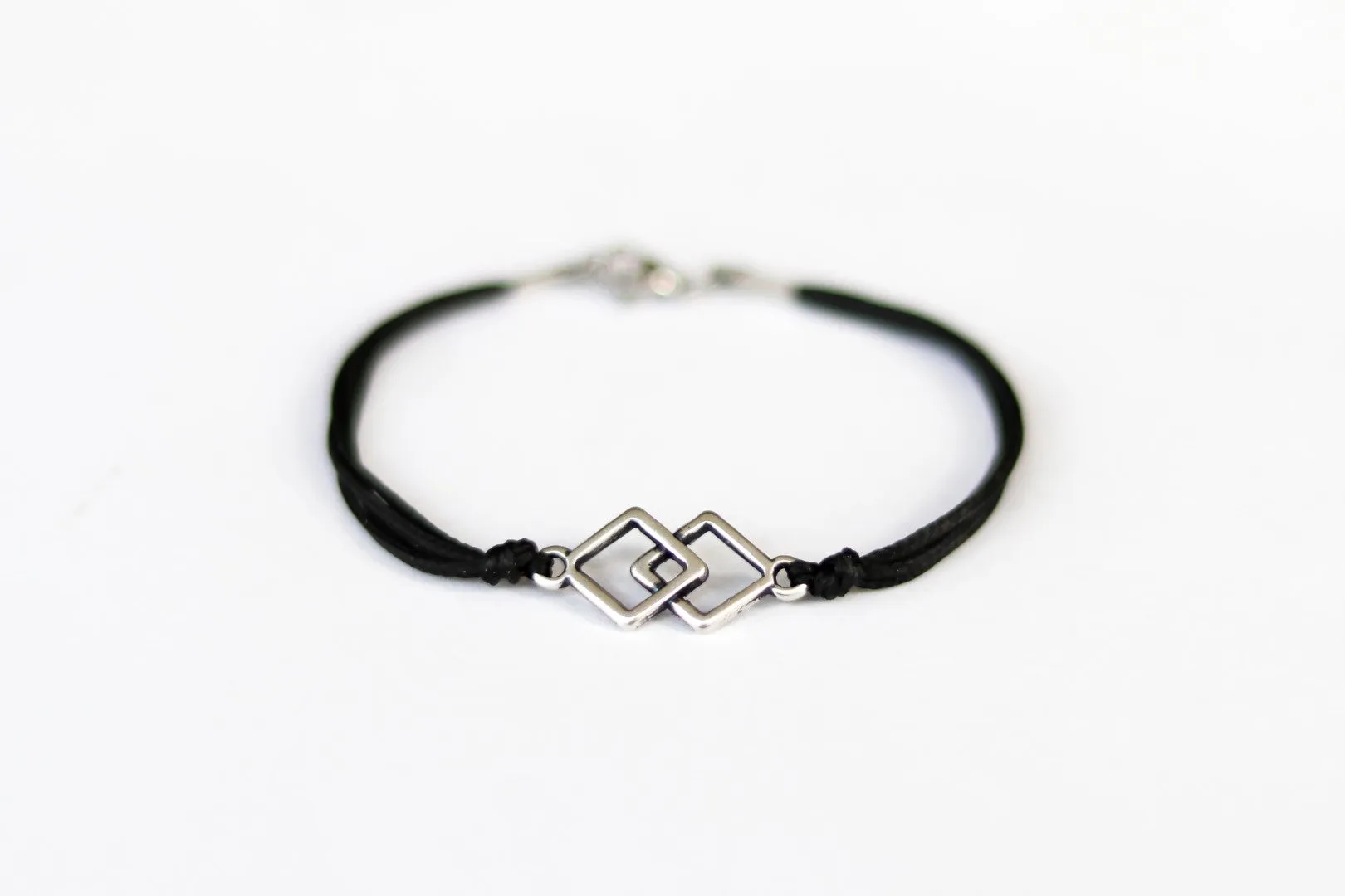 Bracelet for men, silver double rhombus bracelet for him, black cord, handmade fathers day gift