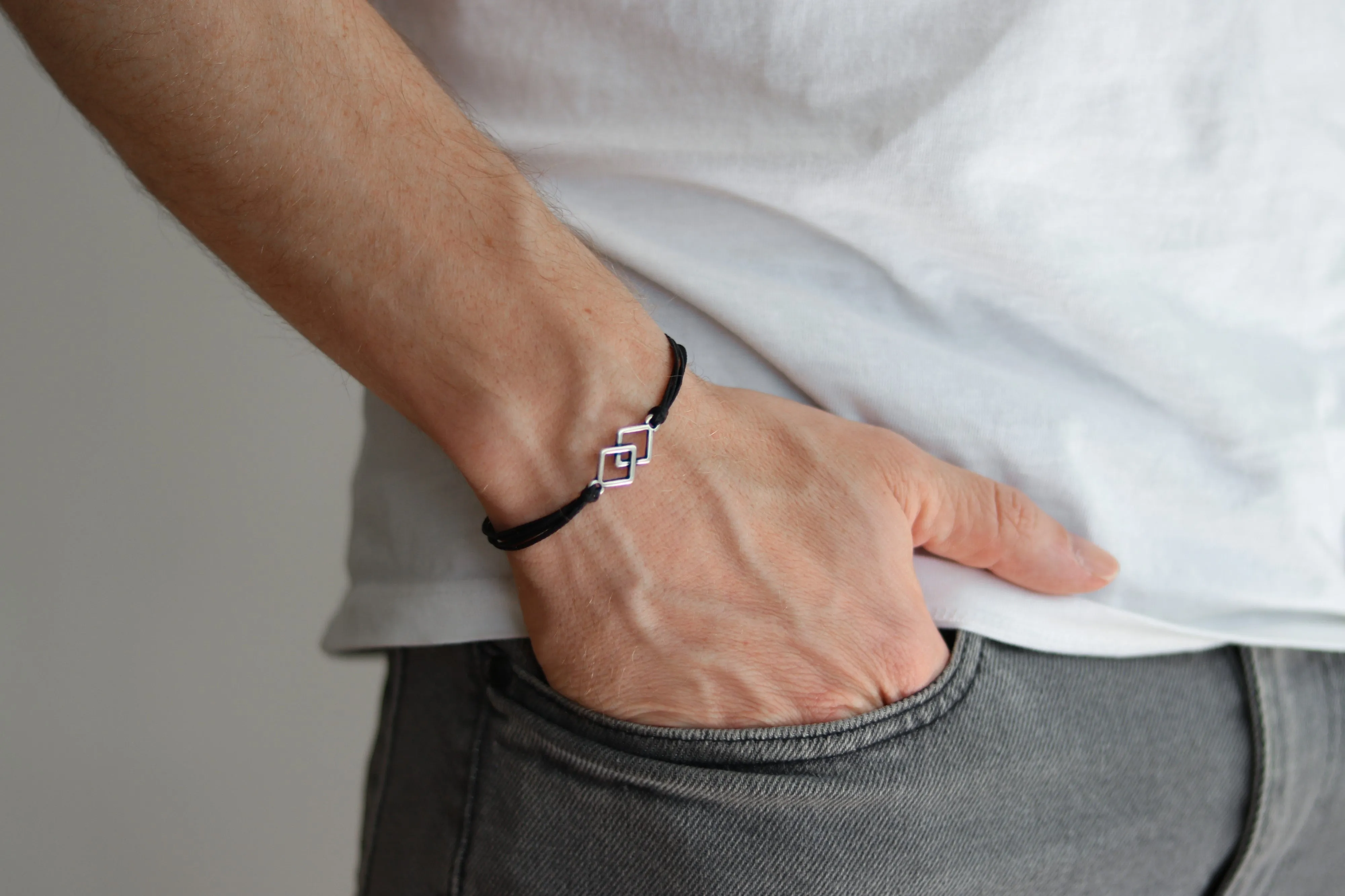 Bracelet for men, silver double rhombus bracelet for him, black cord, handmade fathers day gift