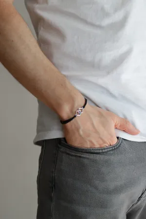Bracelet for men, silver double rhombus bracelet for him, black cord, handmade fathers day gift