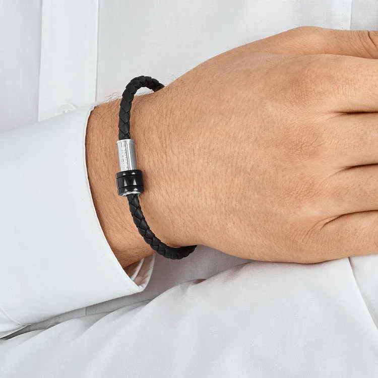 Bracelet homme en cuir noir tressé avec fermoir magnétique
