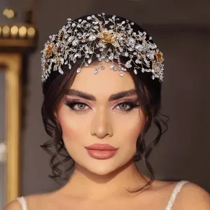 Bridal Alloy Flower Headdress Hair Accessories for Bride Rhinestone Handmade Headband