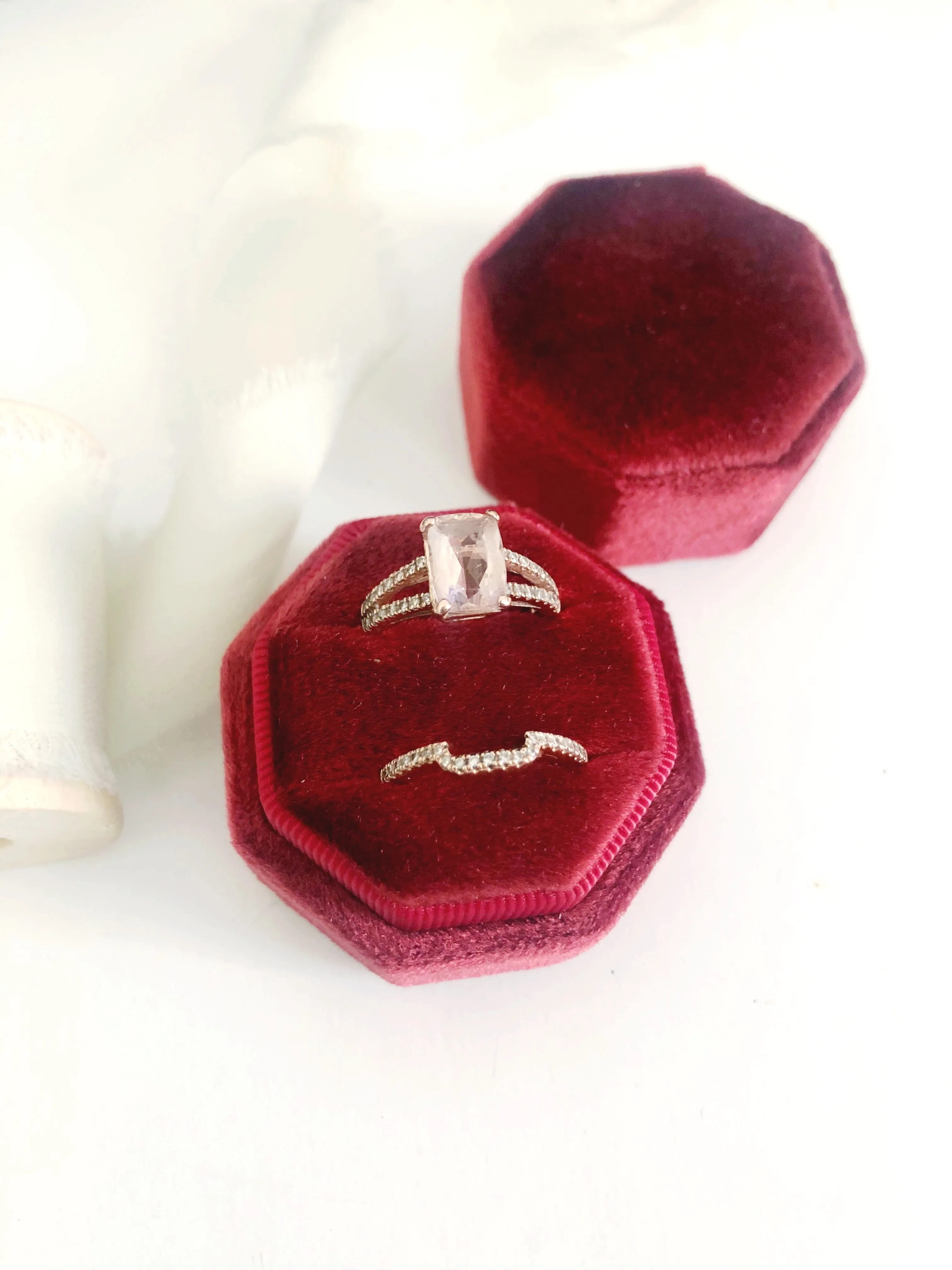 Burgundy Red Velvet Round Octagon Ring Box