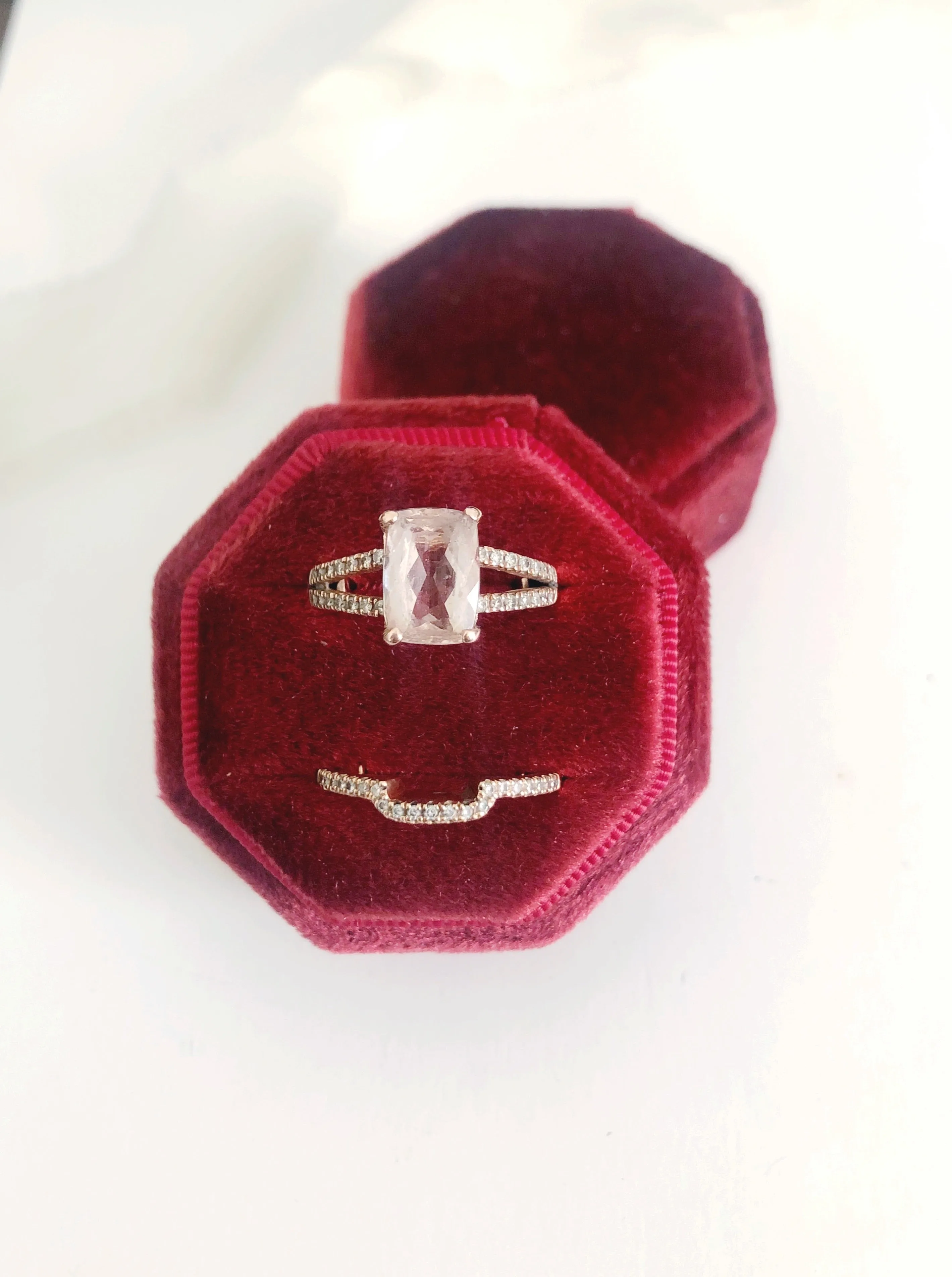 Burgundy Red Velvet Round Octagon Ring Box