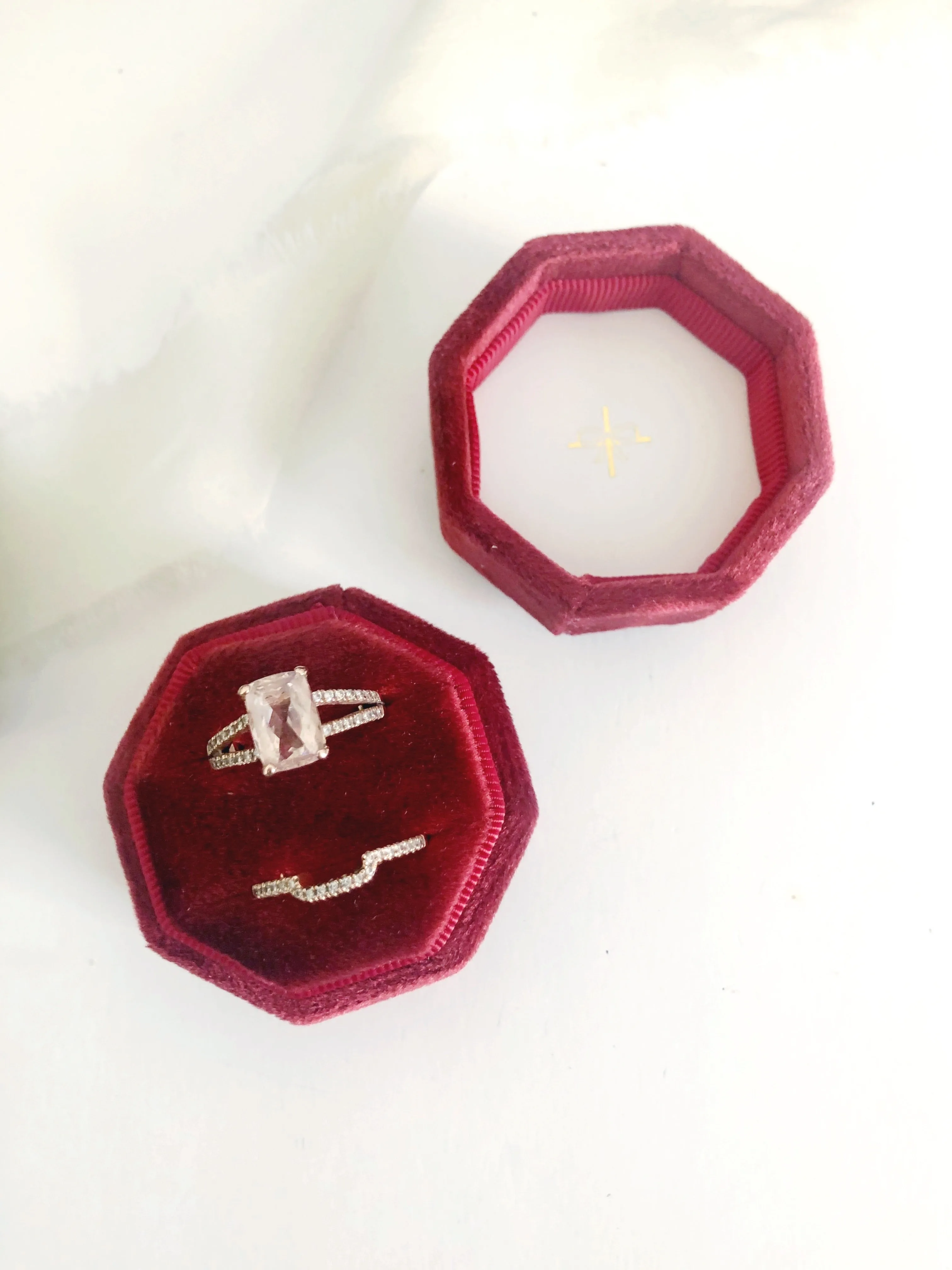 Burgundy Red Velvet Round Octagon Ring Box