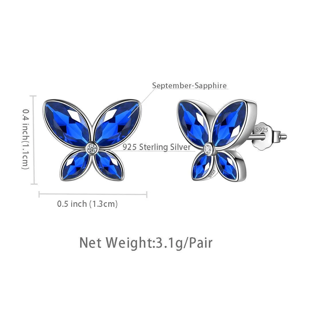 Butterfly Stud Earrings Birthstone September Sapphire Women Girls Jewelry Birthday Gift