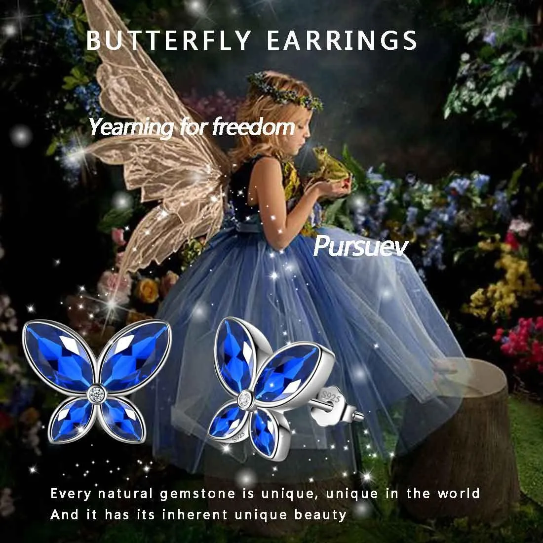 Butterfly Stud Earrings Birthstone September Sapphire Women Girls Jewelry Birthday Gift