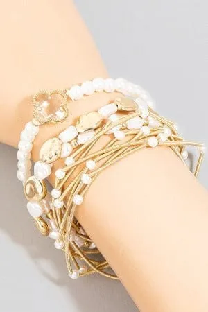 CB2215 Pearl Bead and Metallic Layered Bracelet Set