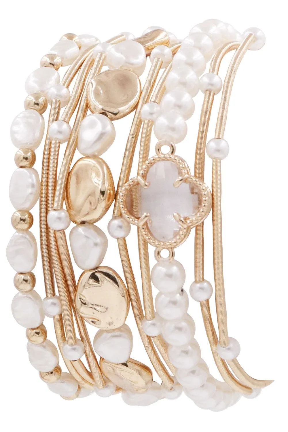 CB2215 Pearl Bead and Metallic Layered Bracelet Set