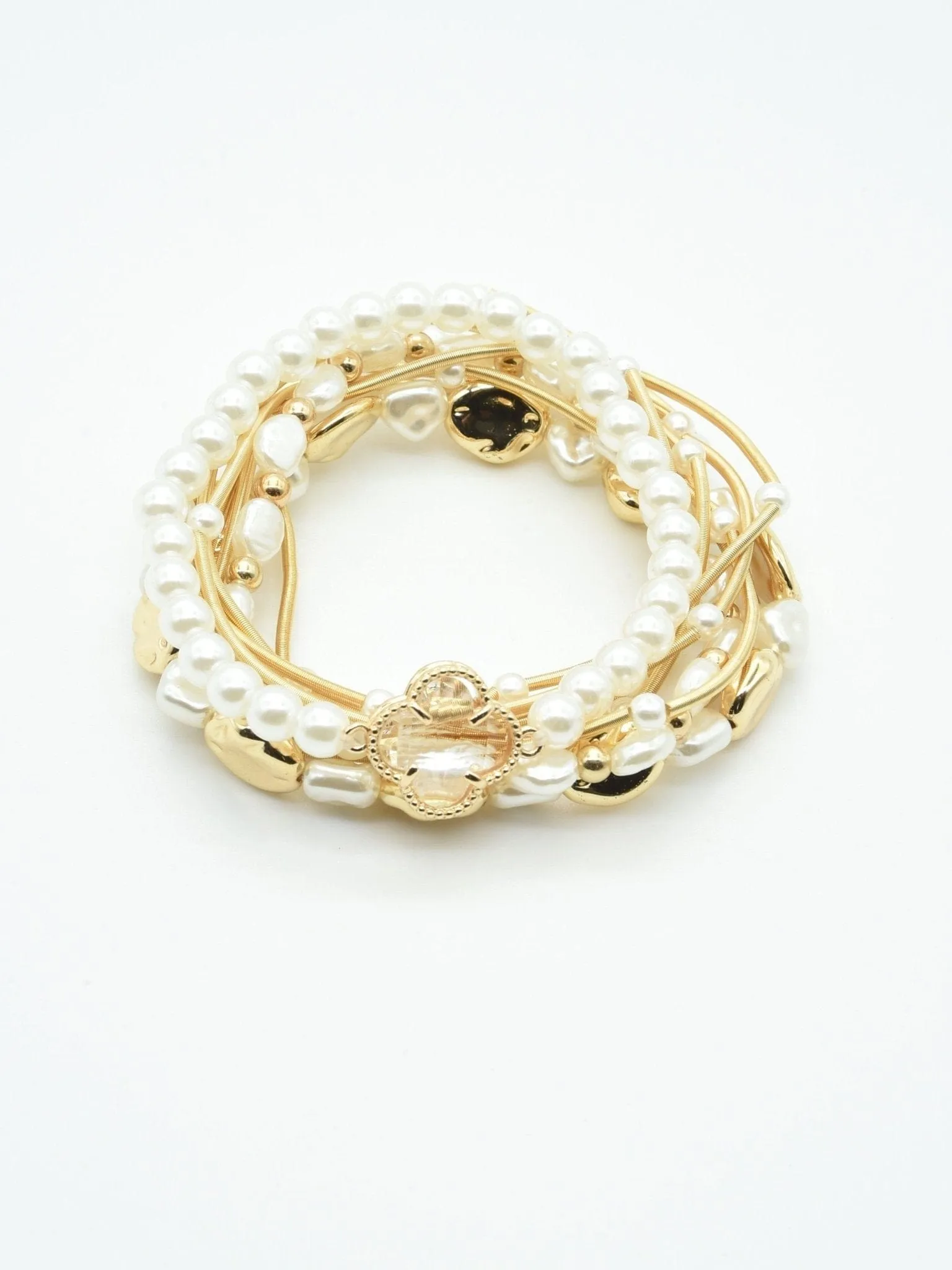 CB2215 Pearl Bead and Metallic Layered Bracelet Set