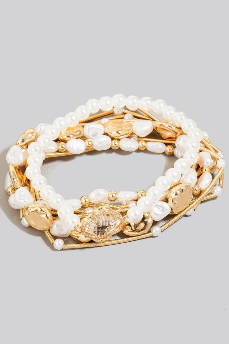 CB2215 Pearl Bead and Metallic Layered Bracelet Set