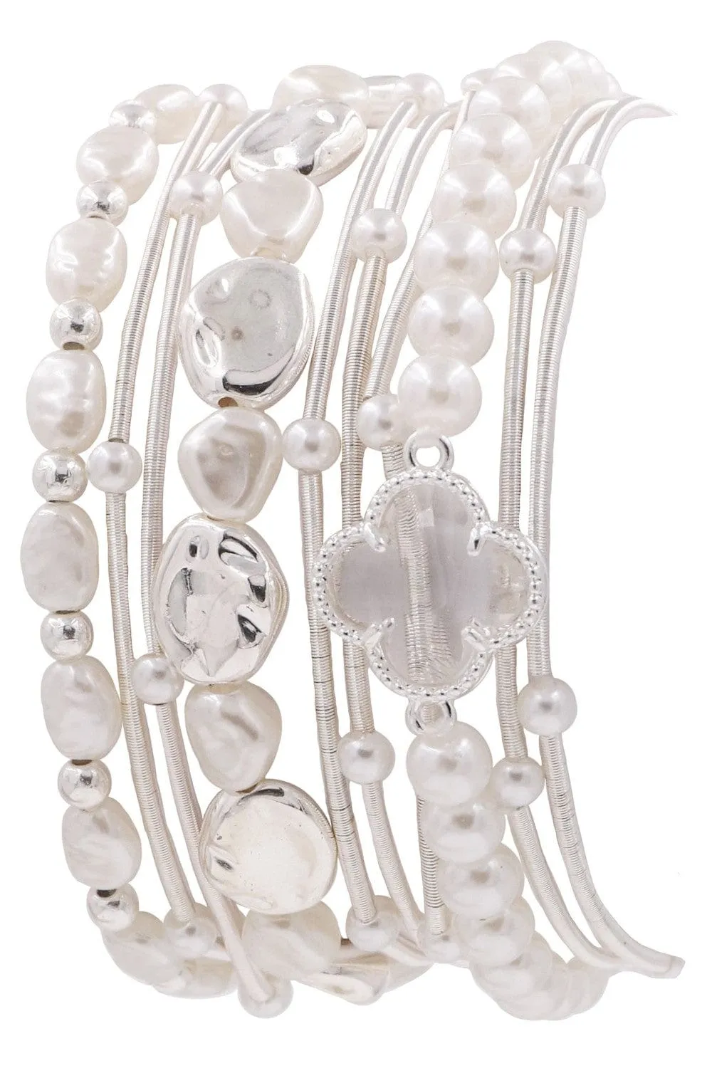 CB2215 Pearl Bead and Metallic Layered Bracelet Set