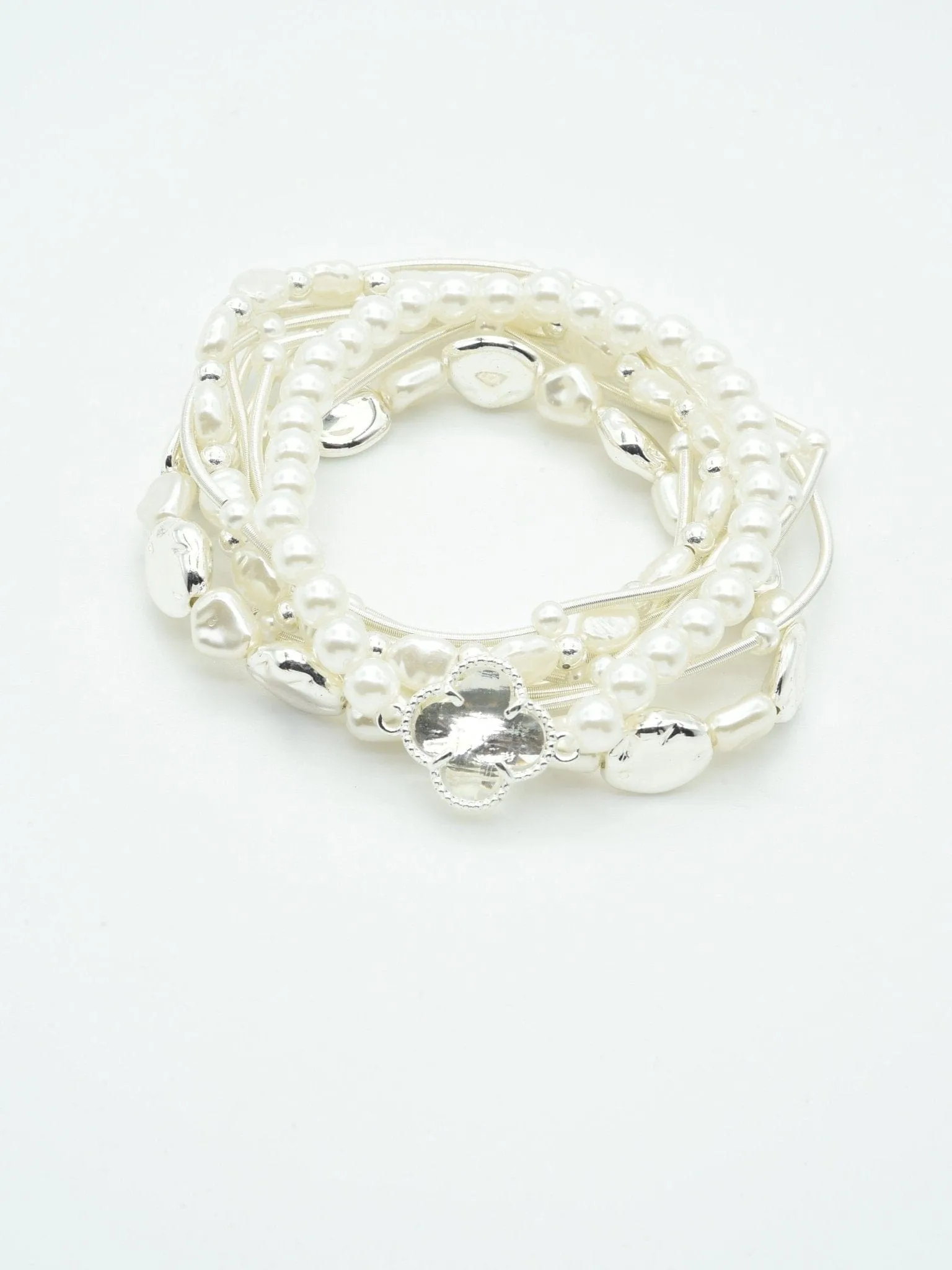CB2215 Pearl Bead and Metallic Layered Bracelet Set